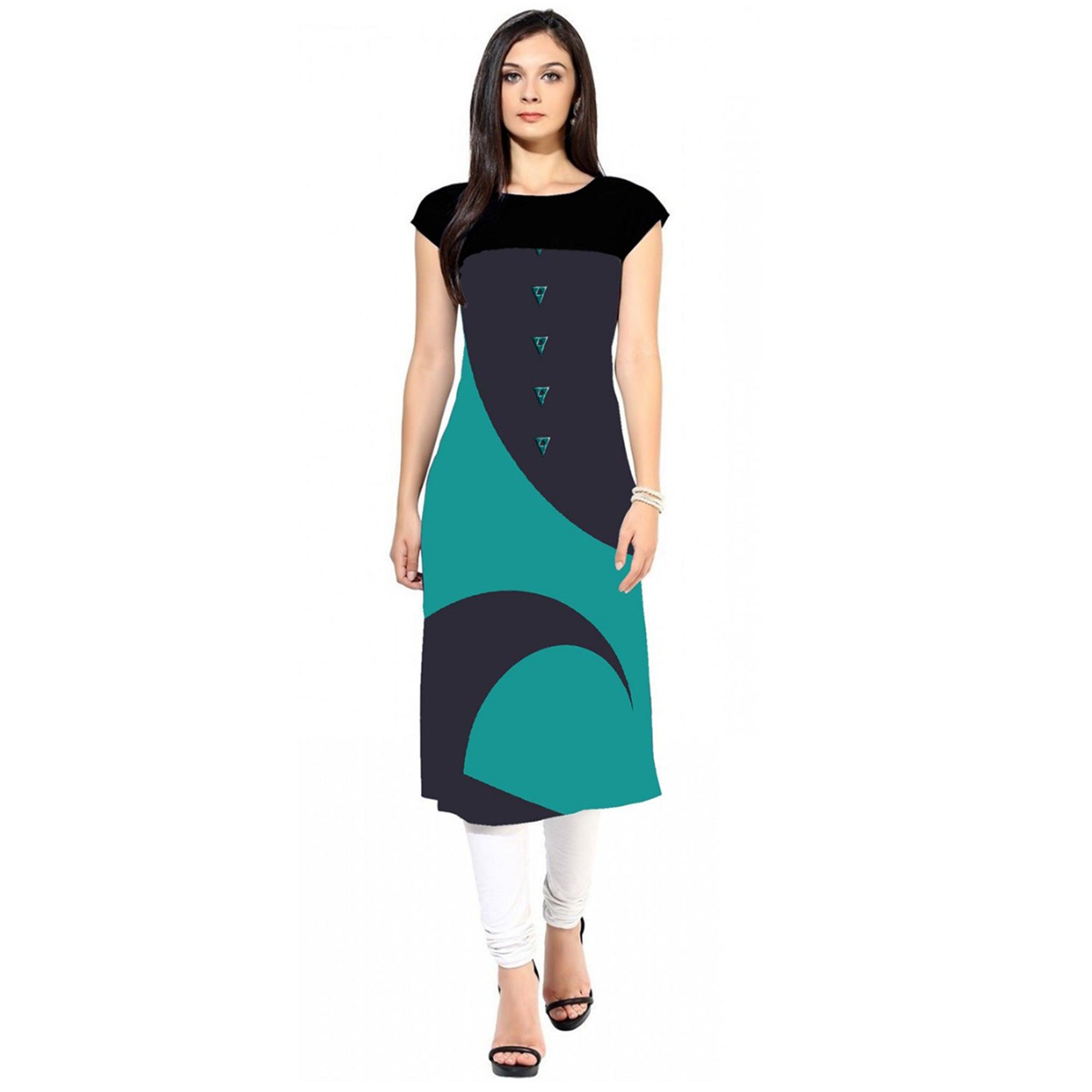 Delightful Navy Blue-Turquoise Green Colored Casual Digital Printed Crepe Kurti - Peachmode