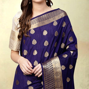 Delightful Navy Blue - White Colored Festive Wear Woven Silk Saree - Peachmode