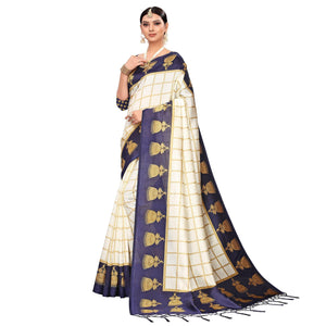 Delightful Off White-Navy Blue Colored Festive Wear Printed Mysore Silk Saree - Peachmode