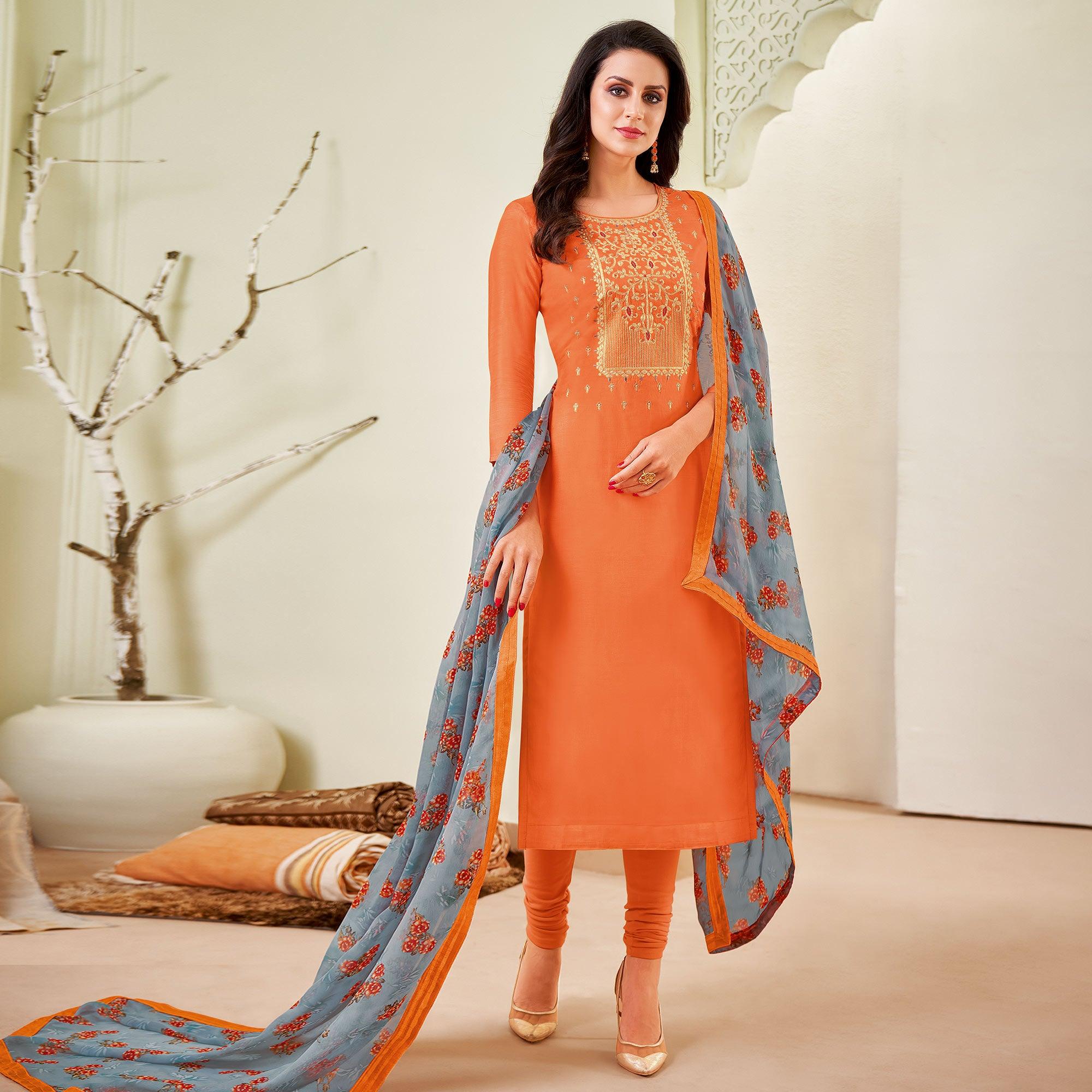 Delightful Orange Colored Casual Wear Embroidered Chanderi Dress Material - Peachmode