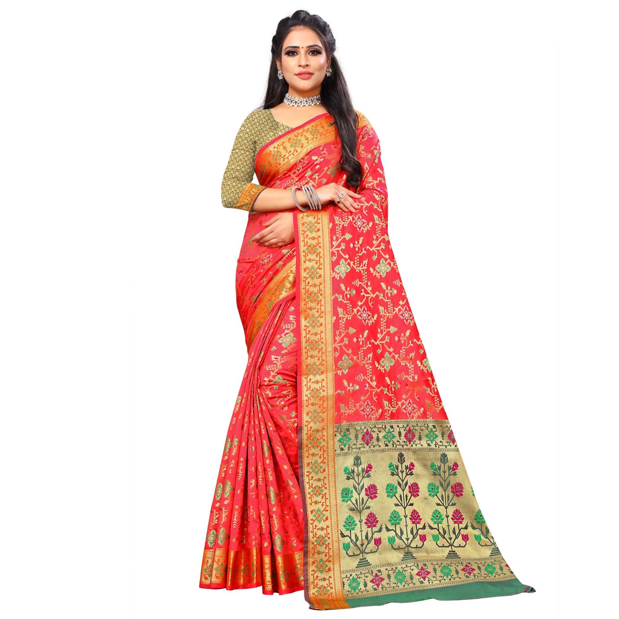 Delightful Pink Colored Festive Wear Woven Silk Saree - Peachmode