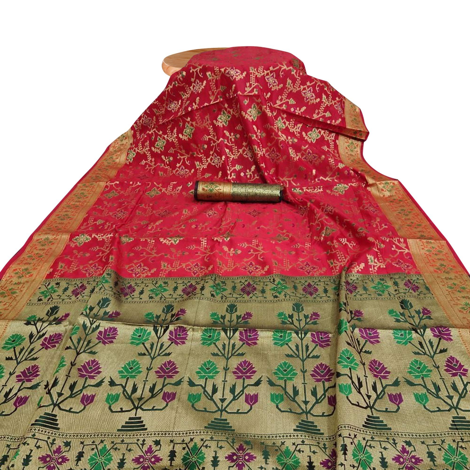 Delightful Pink Colored Festive Wear Woven Silk Saree - Peachmode