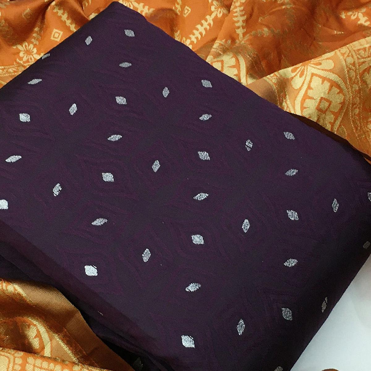 Delightful Purple Colored Casual Wear Woven Banarasi Silk Dress Material - Peachmode