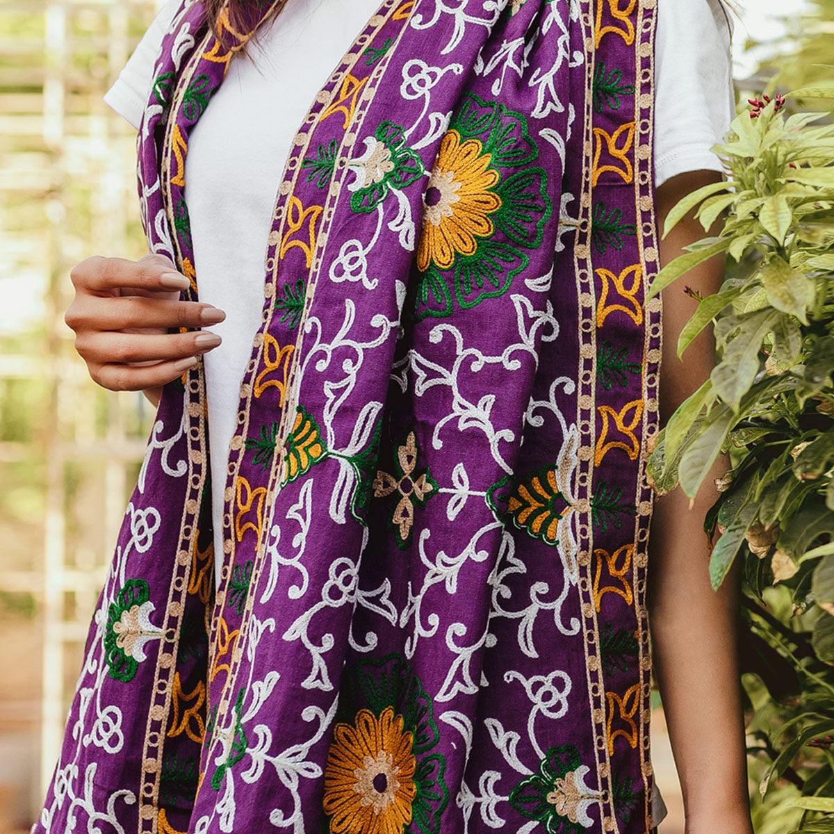 Delightful Purple Colored Embroidered Khadi Muffler Stole - Peachmode