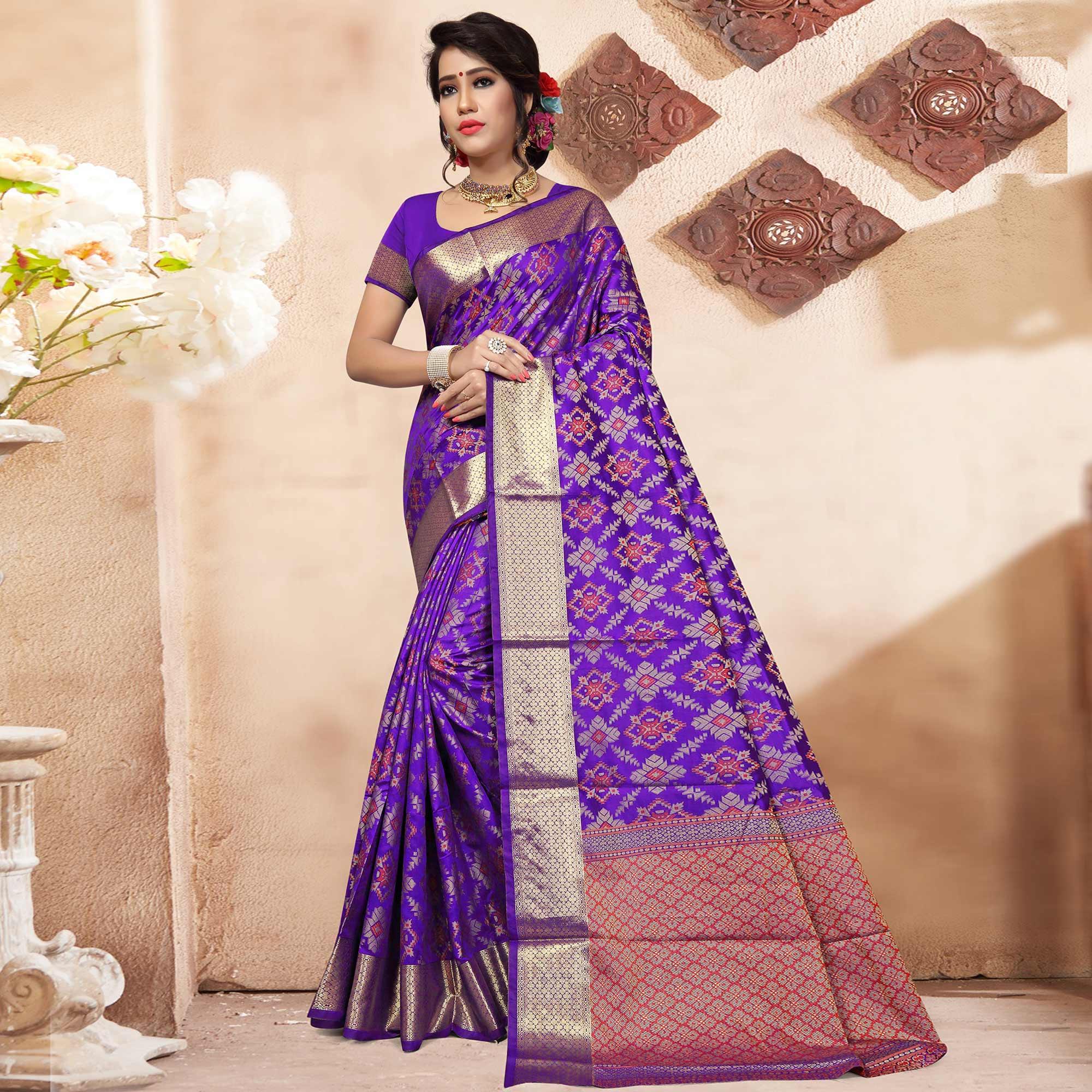 Delightful Purple Colored Festive Wear Woven Silk Saree - Peachmode
