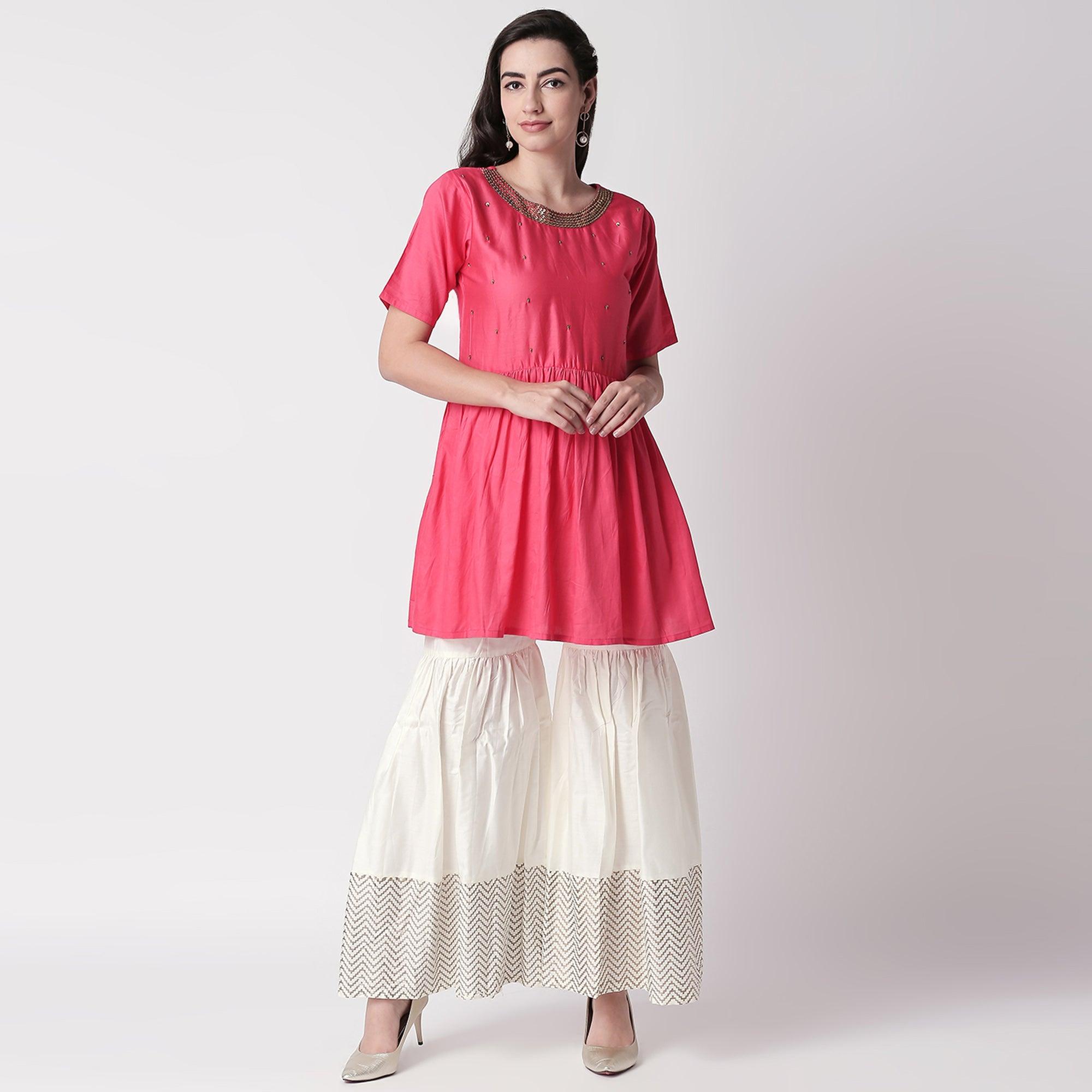 Delightful Red Colored Casual Embroidered Silk Kurti-Sharara Set - Peachmode