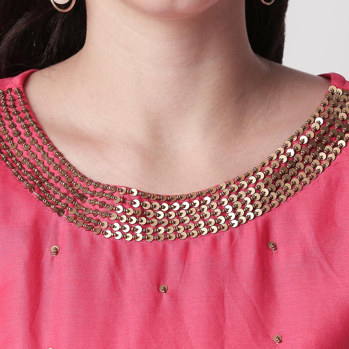 Delightful Red Colored Casual Embroidered Silk Kurti-Sharara Set - Peachmode