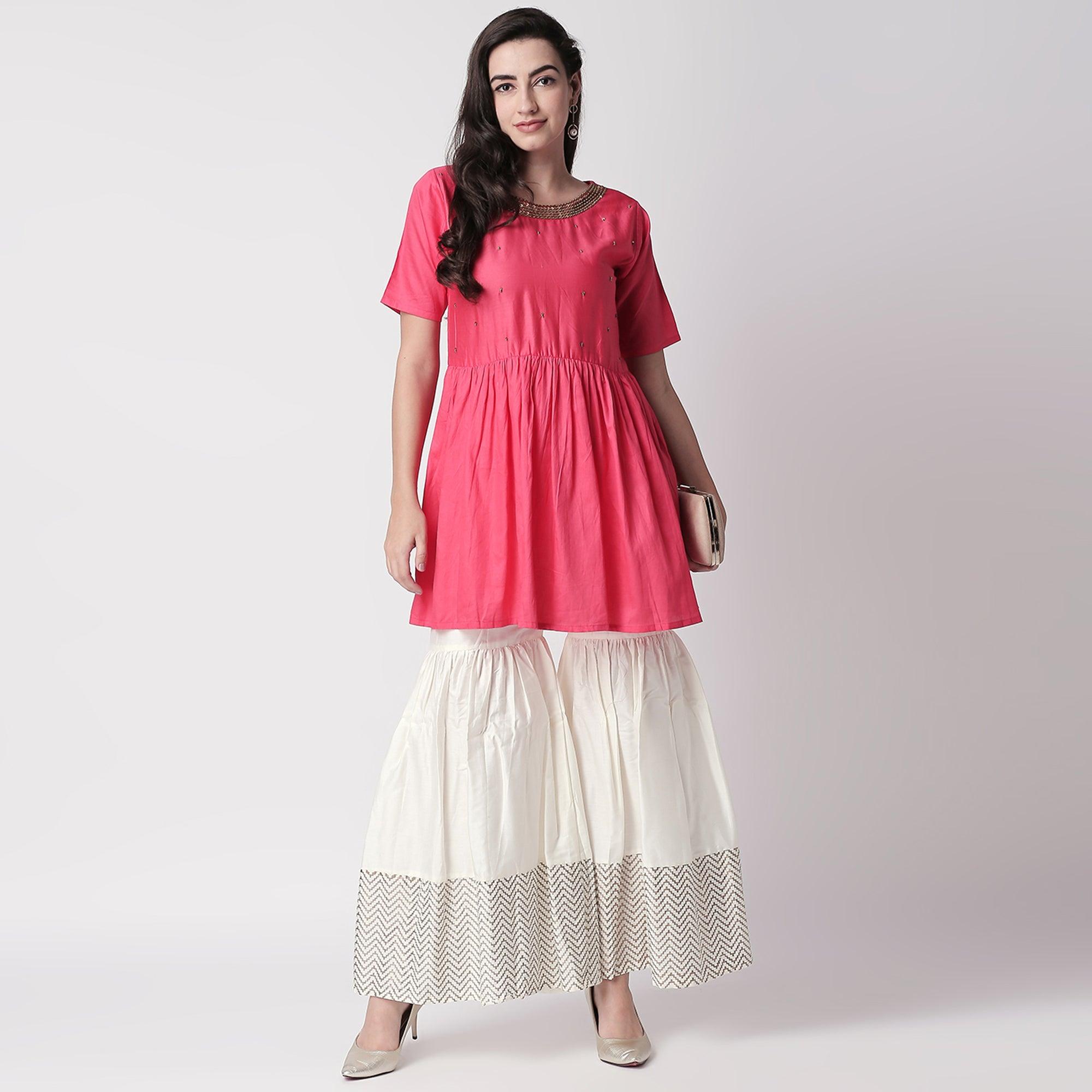 Delightful Red Colored Casual Embroidered Silk Kurti-Sharara Set - Peachmode