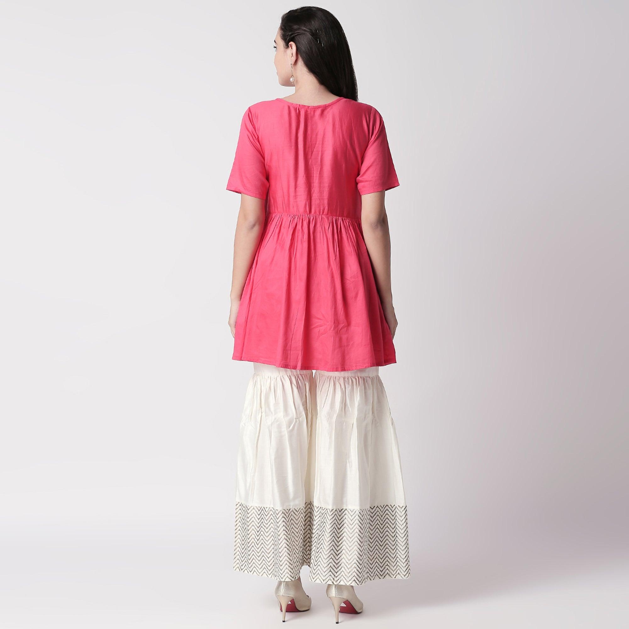 Delightful Red Colored Casual Embroidered Silk Kurti-Sharara Set - Peachmode