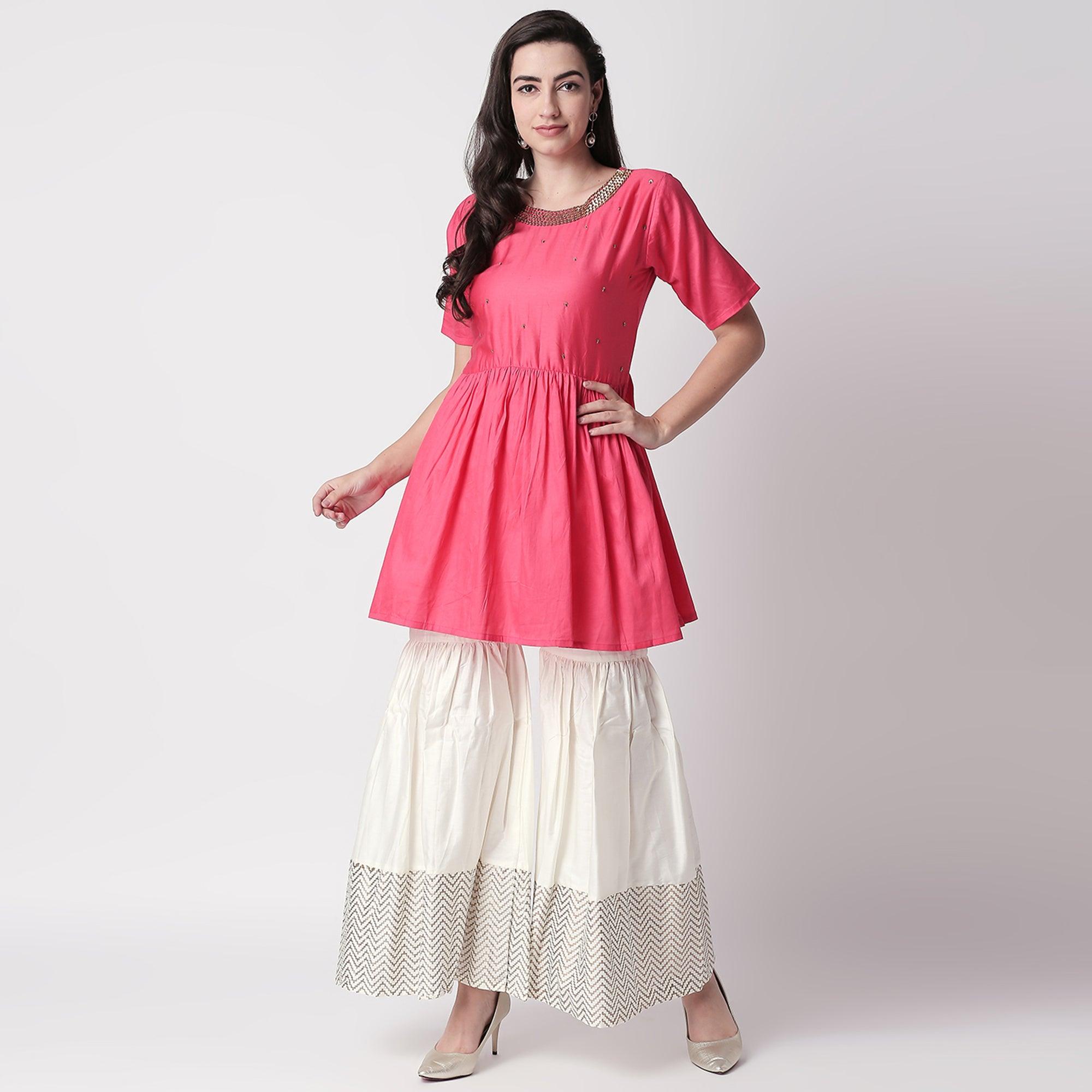 Delightful Red Colored Casual Embroidered Silk Kurti-Sharara Set - Peachmode