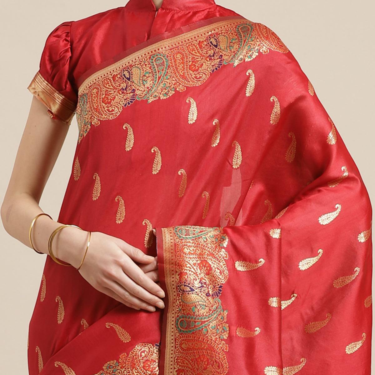 Delightful Red Colored Festive Wear Woven Silk Blend Saree - Peachmode