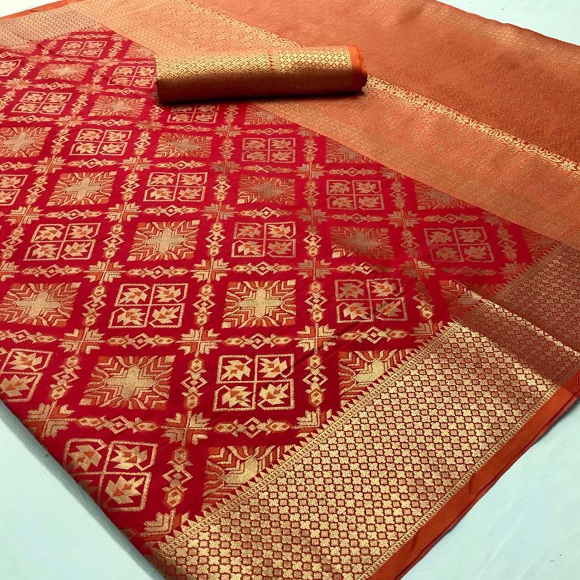Delightful Red Colored Festive Wear Woven Silk Saree - Peachmode