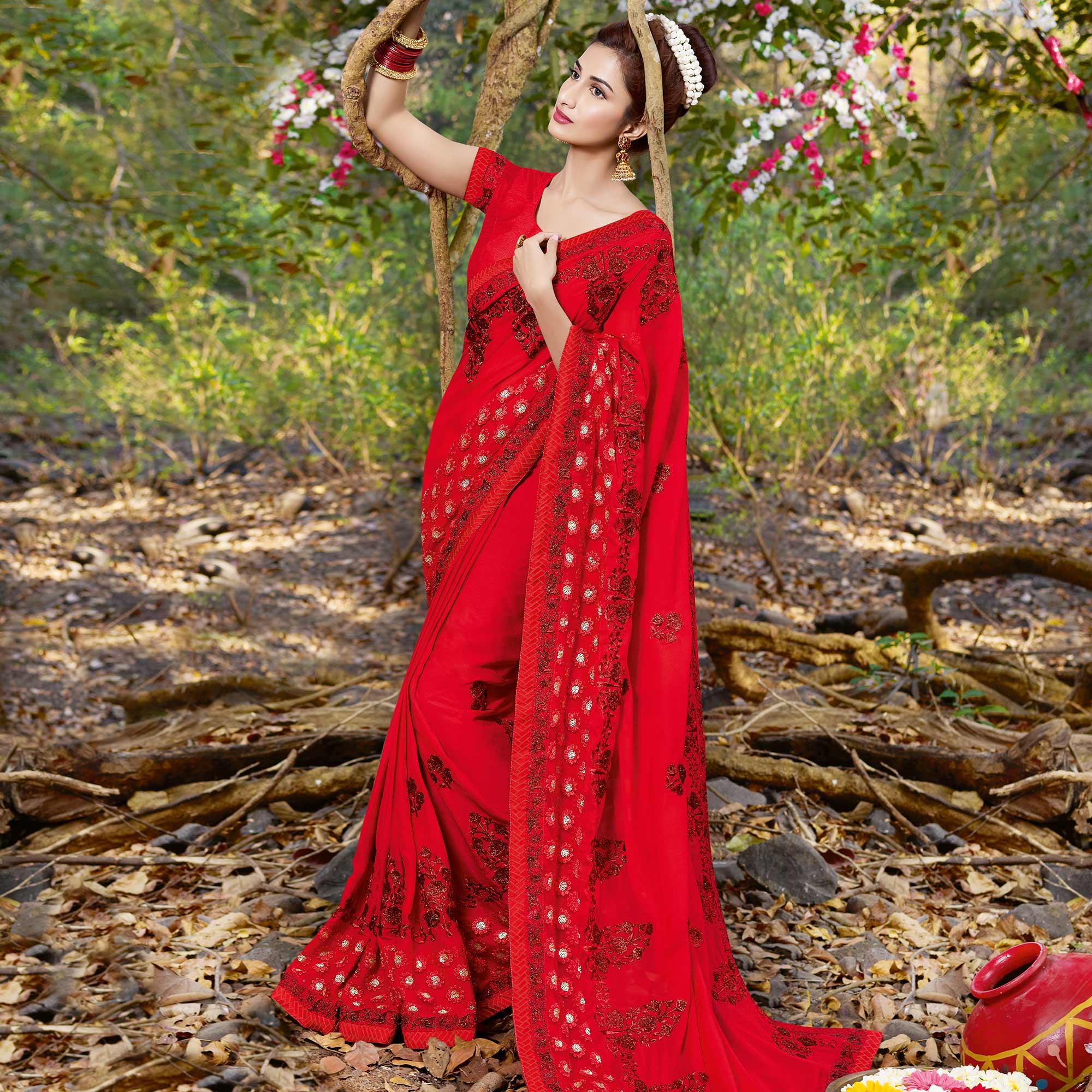 Delightful Red Colored Partywear Embroidered Georgette Saree - Peachmode