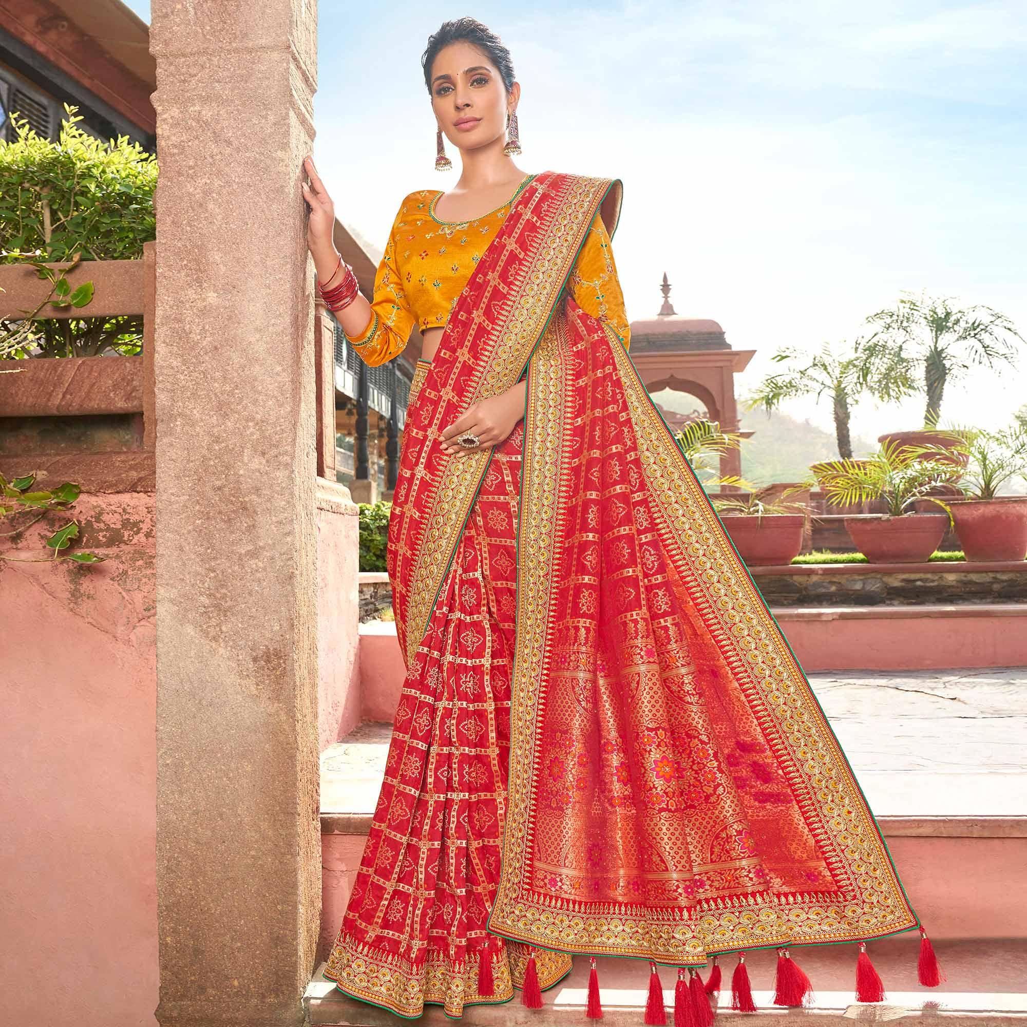 Delightful Red Colored Partywear Embroidered Satin - Gerogette Saree - Peachmode