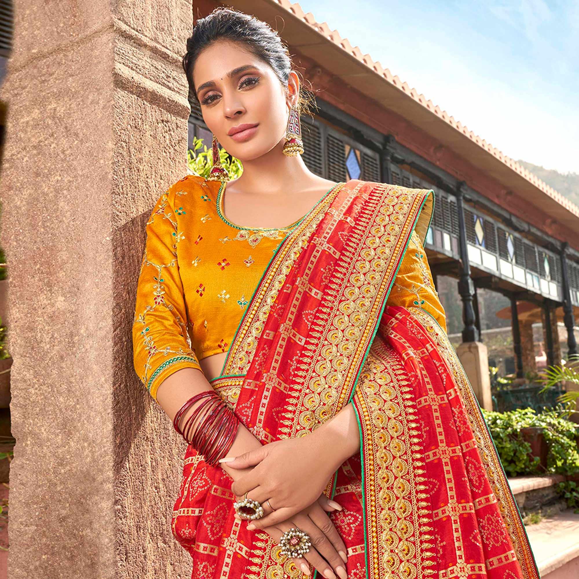 Delightful Red Colored Partywear Embroidered Satin - Gerogette Saree - Peachmode