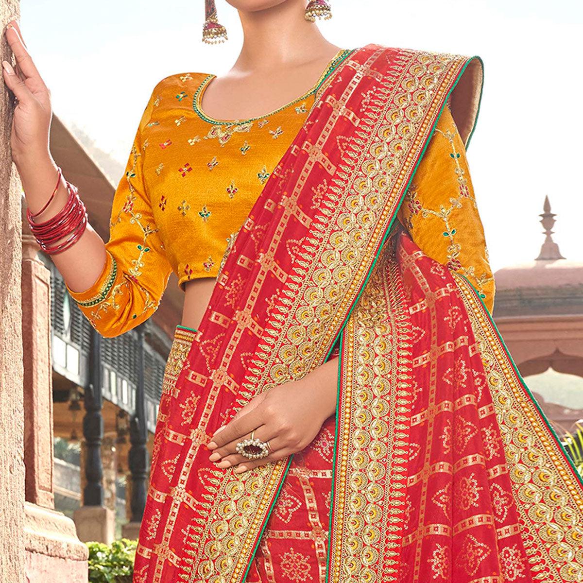Delightful Red Colored Partywear Embroidered Satin - Gerogette Saree - Peachmode
