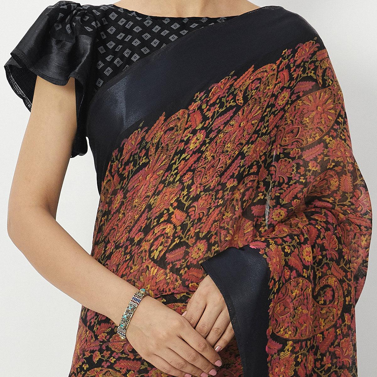 Delightful Teal Blue Colored Casual Wear Floral Printed Linen Cotton Half & Half Saree - Peachmode