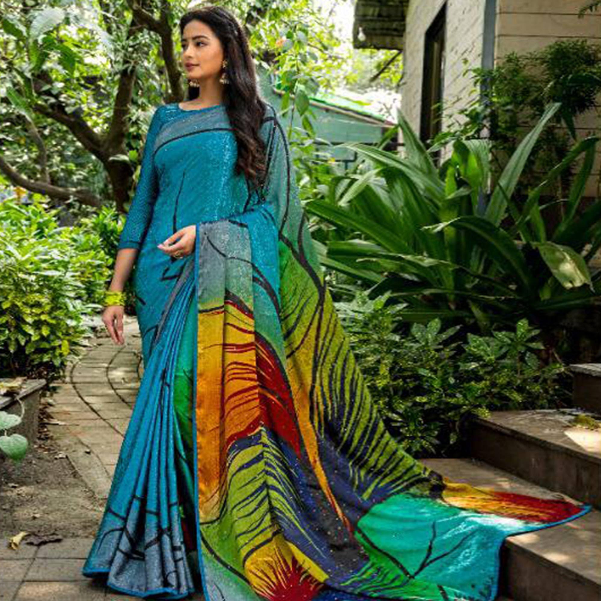 Delightful Turquoise Blue - Multi Colored Partywear Printed Silk Crape Saree - Peachmode
