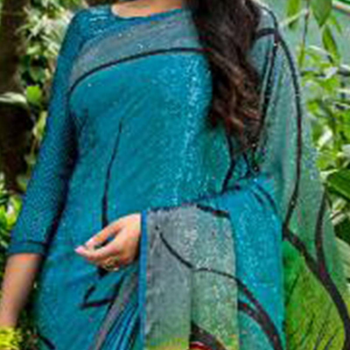 Delightful Turquoise Blue - Multi Colored Partywear Printed Silk Crape Saree - Peachmode