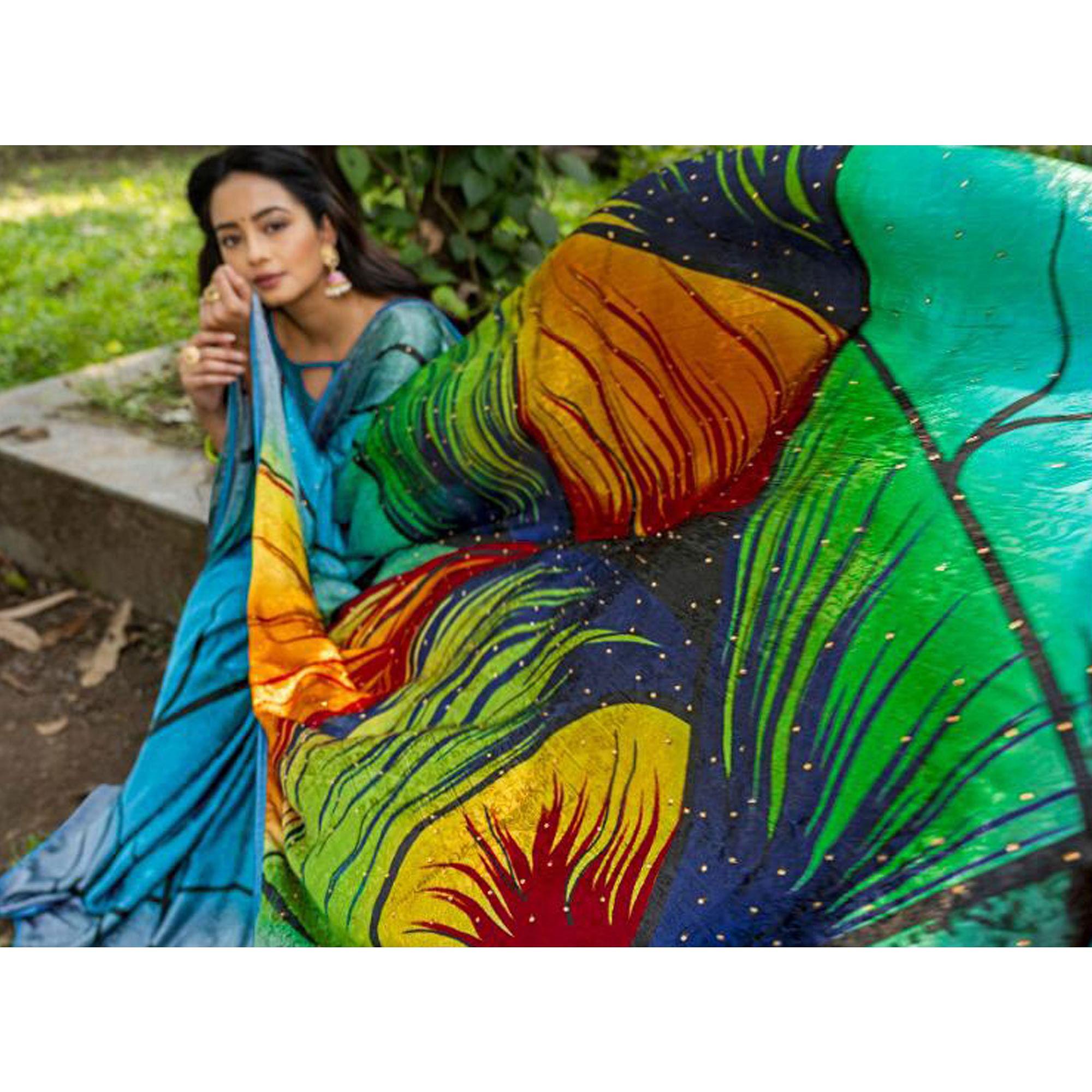 Delightful Turquoise Blue - Multi Colored Partywear Printed Silk Crape Saree - Peachmode