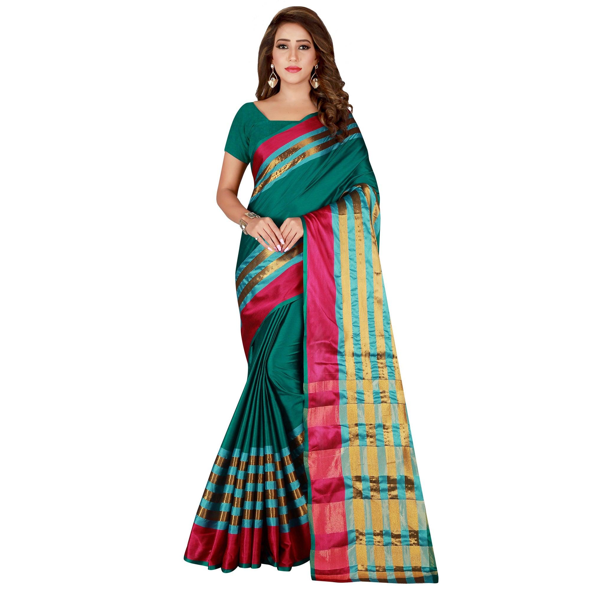 Delightful Turquoise Green Colored Casual Wear Cotton Saree - Peachmode