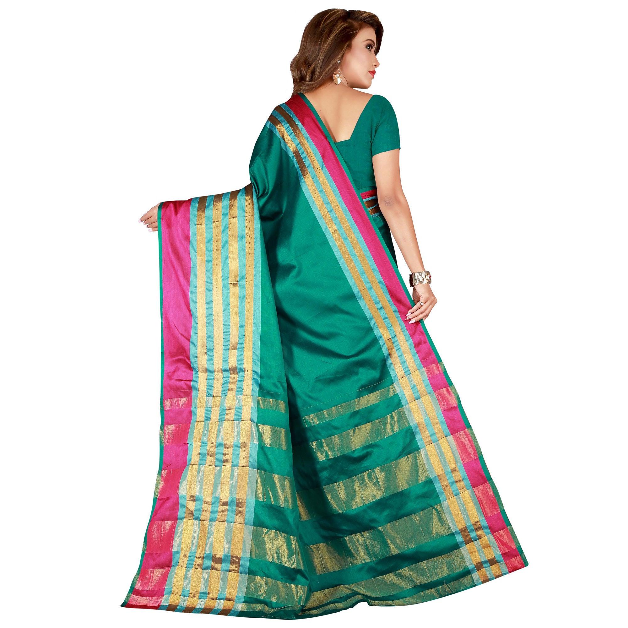 Delightful Turquoise Green Colored Casual Wear Cotton Saree - Peachmode