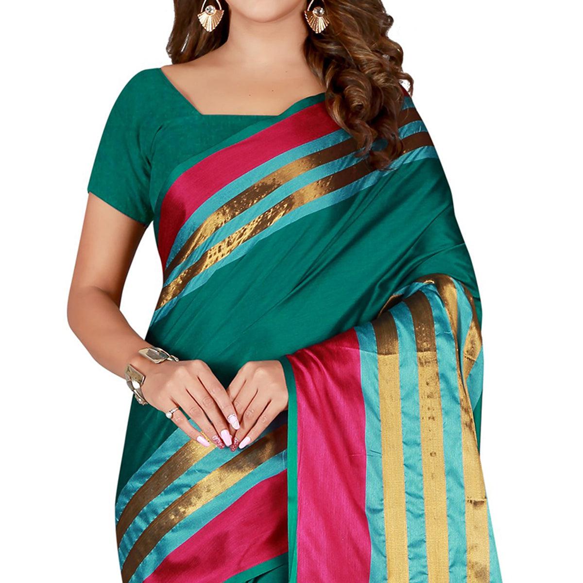 Delightful Turquoise Green Colored Casual Wear Cotton Saree - Peachmode