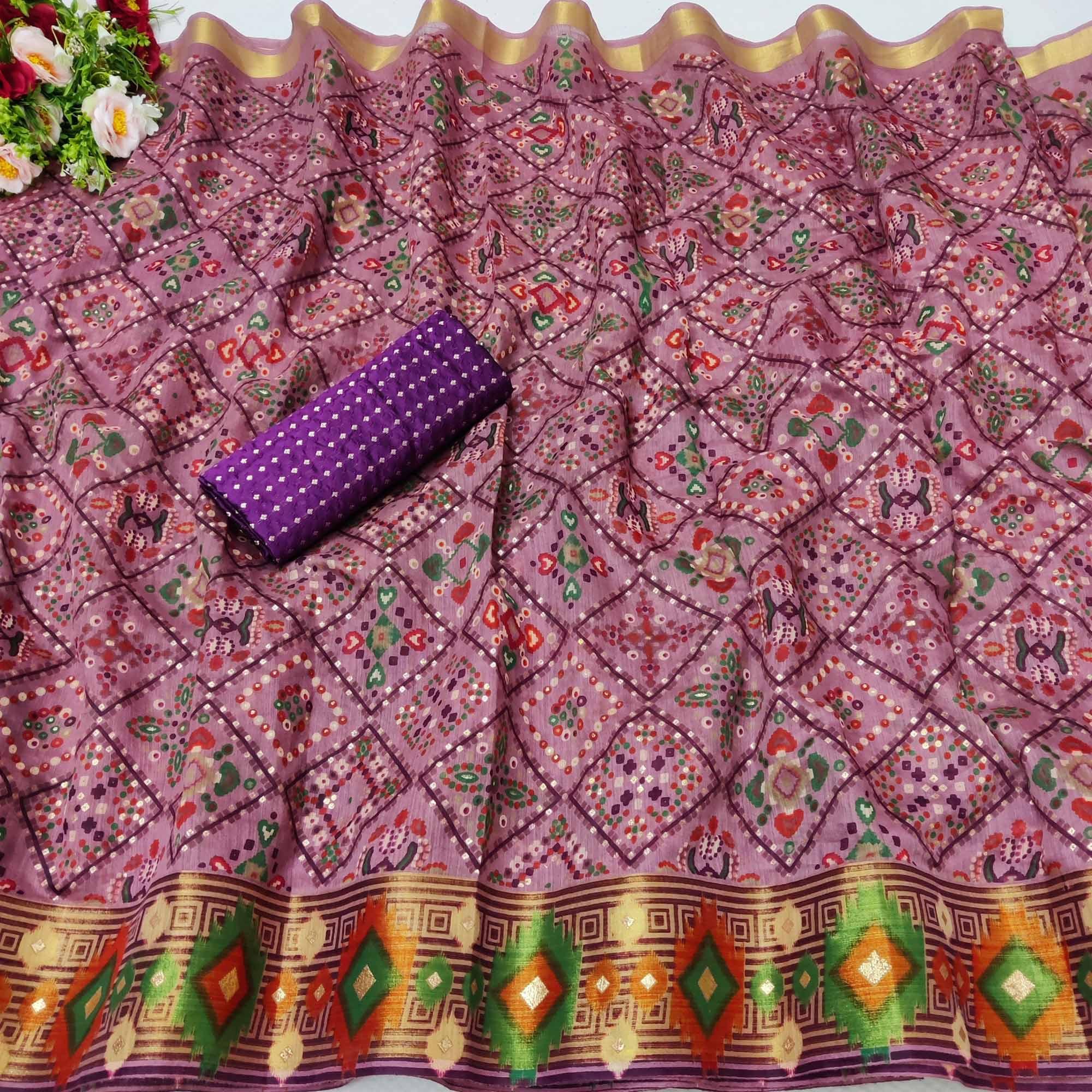 Delightful Wine Colored Festive Wear Foil Printed Cotton Silk Saree - Peachmode