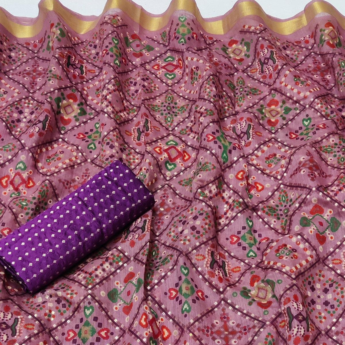 Delightful Wine Colored Festive Wear Foil Printed Cotton Silk Saree - Peachmode
