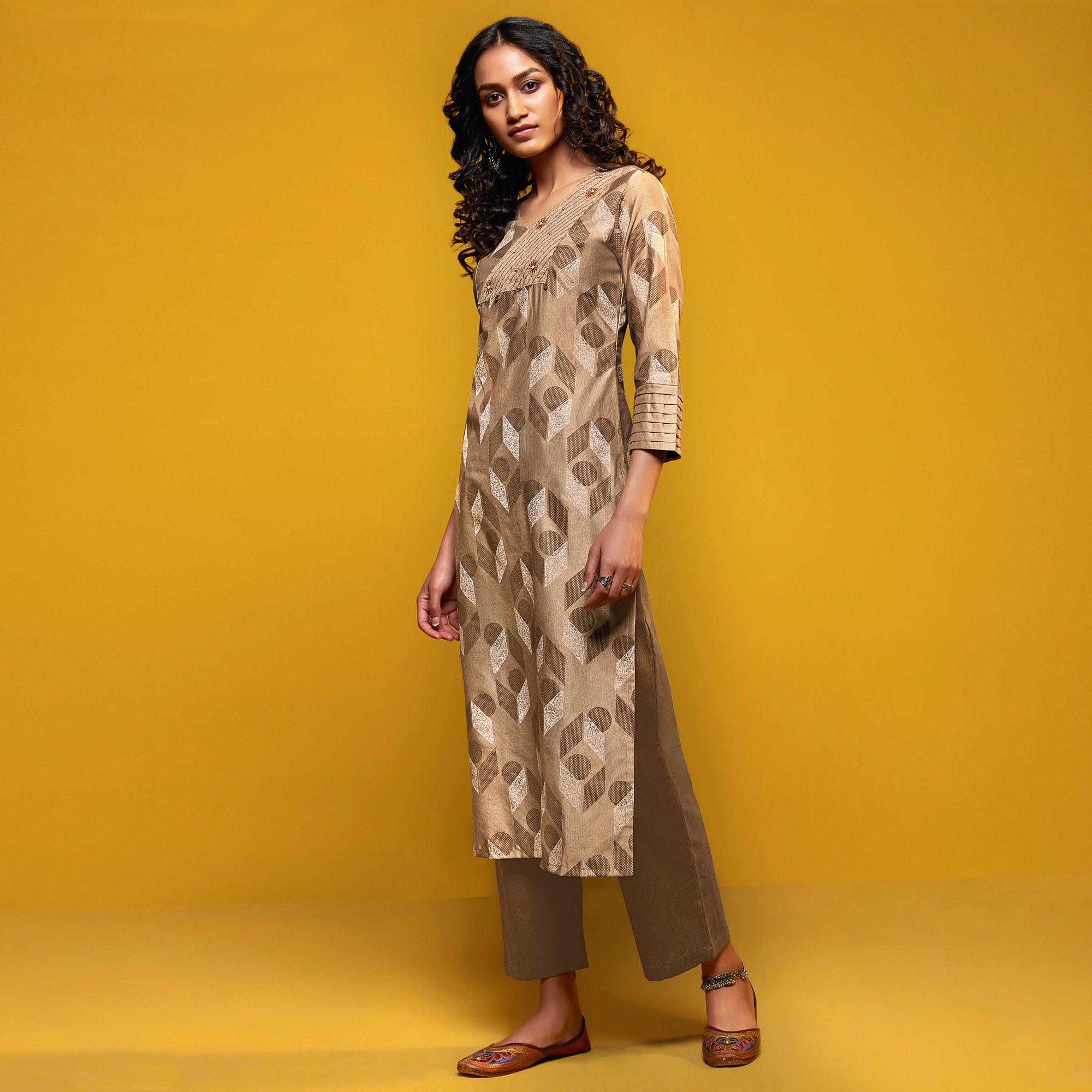 Demanding Beige Colored Casual Printed Cotton Silk Kurti-Bottom Set - Peachmode