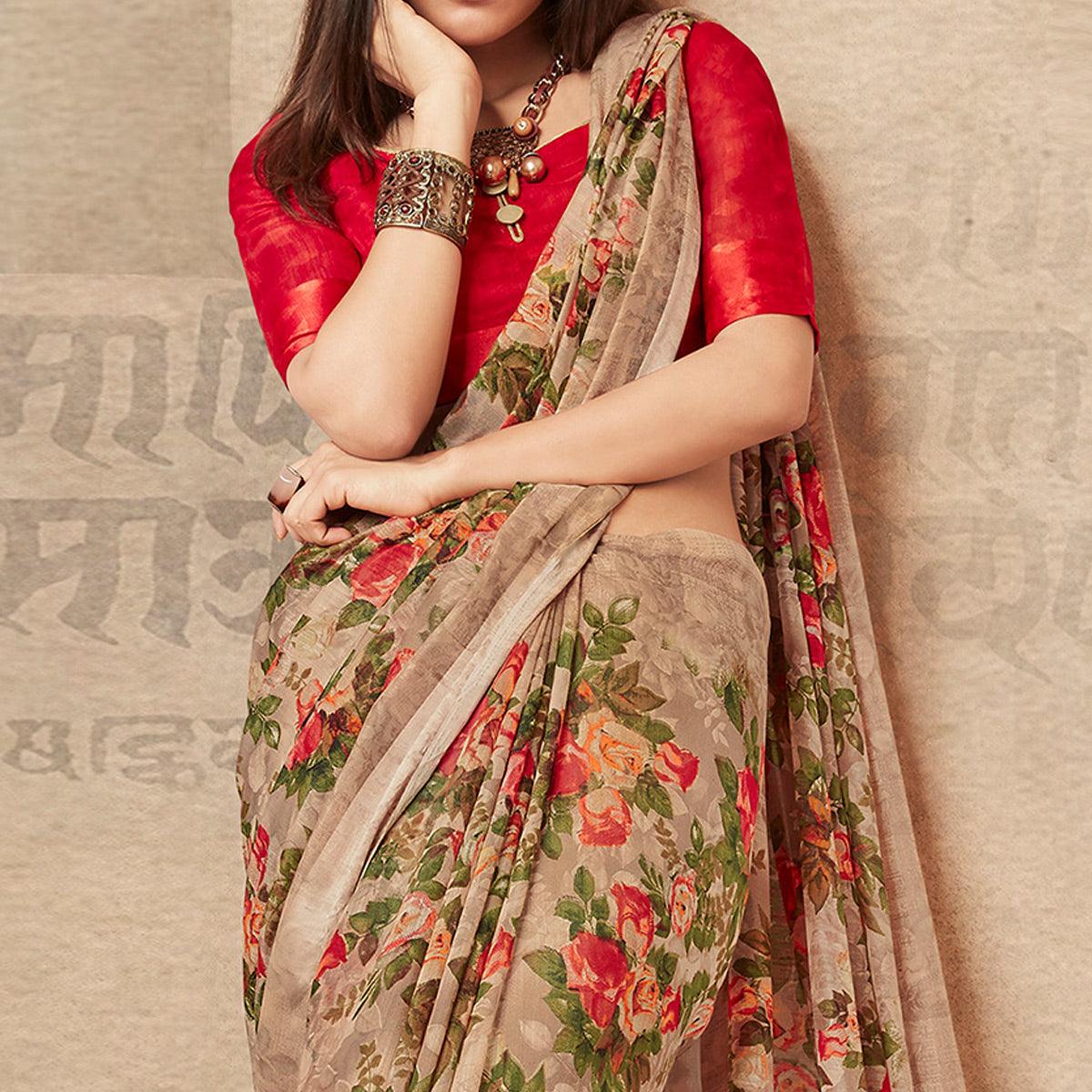 Demanding Beige Colored Partywear Digital Printed Linen Saree - Peachmode