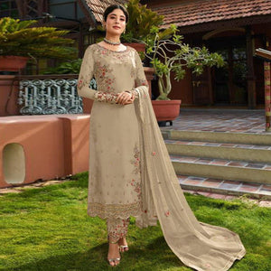 Demanding Beige Colored Partywear Embroidered Gerorgette Straight Suit - Peachmode