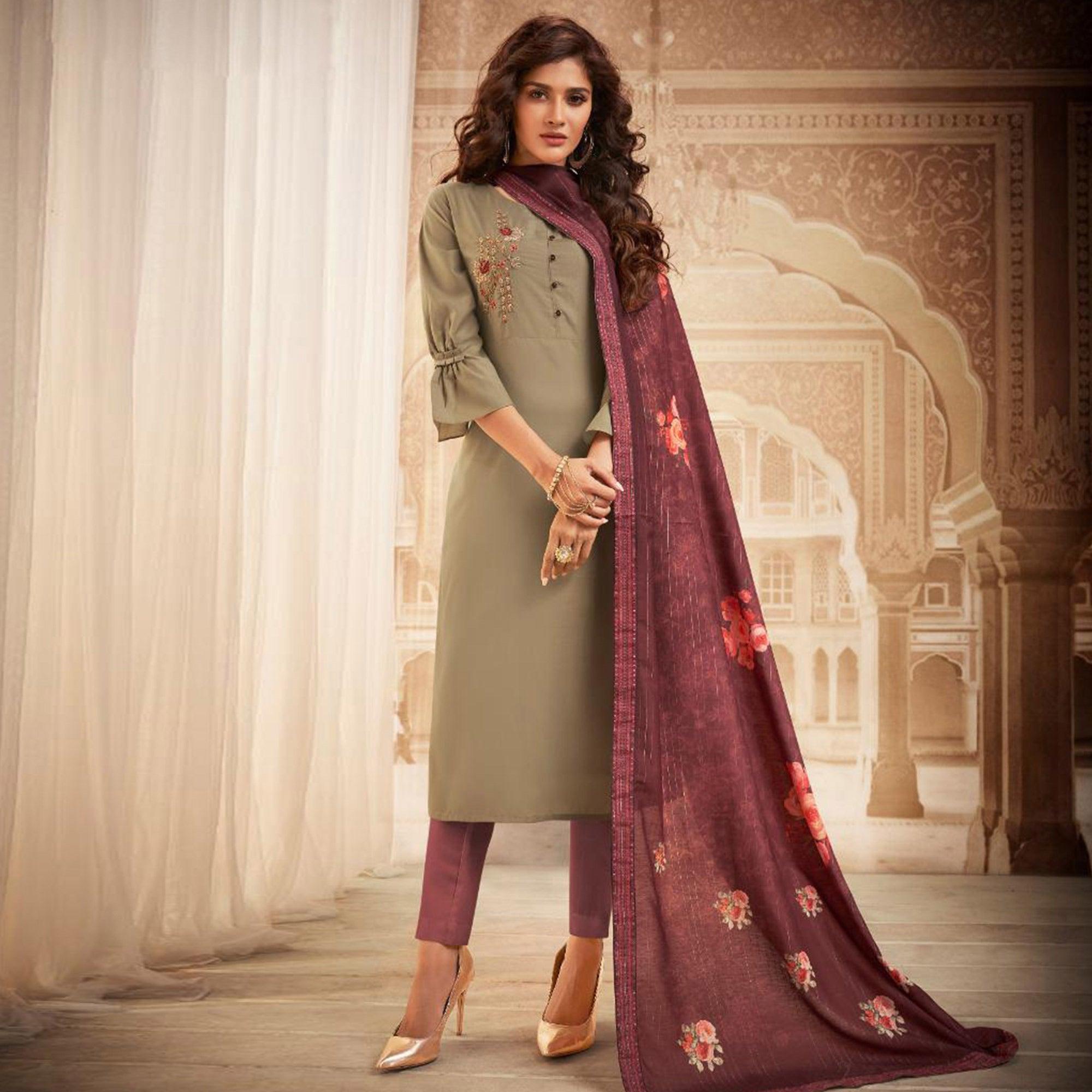 Demanding Beige Colored Partywear Embroidered Heavy Muslin Salwar Suit - Peachmode