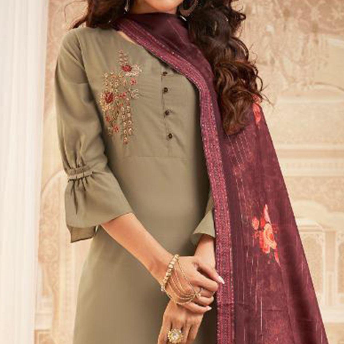 Demanding Beige Colored Partywear Embroidered Heavy Muslin Salwar Suit - Peachmode