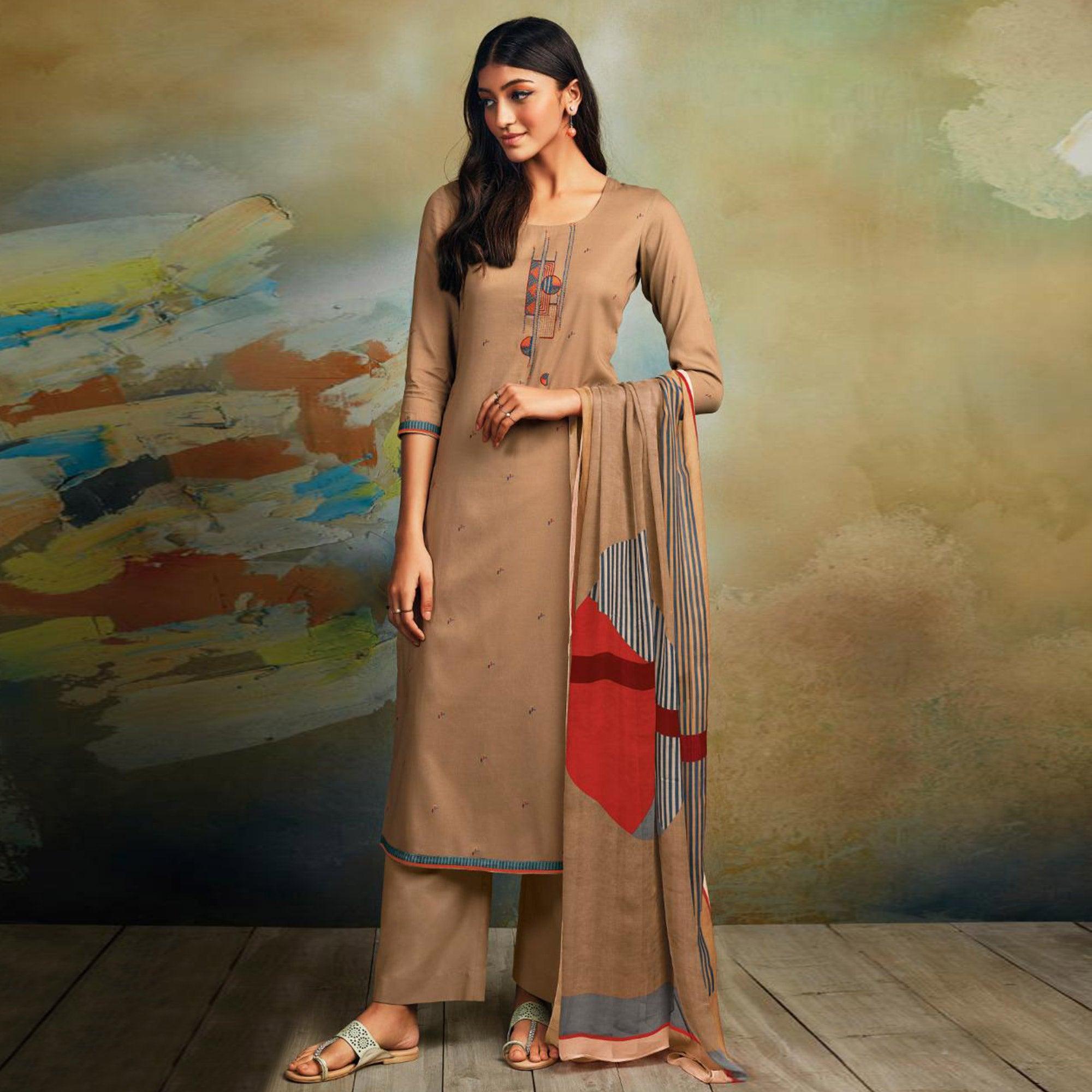 Demanding Beige Colored Partywear Printed and Embroidered Cotton Satin Palazzo Suit - Peachmode