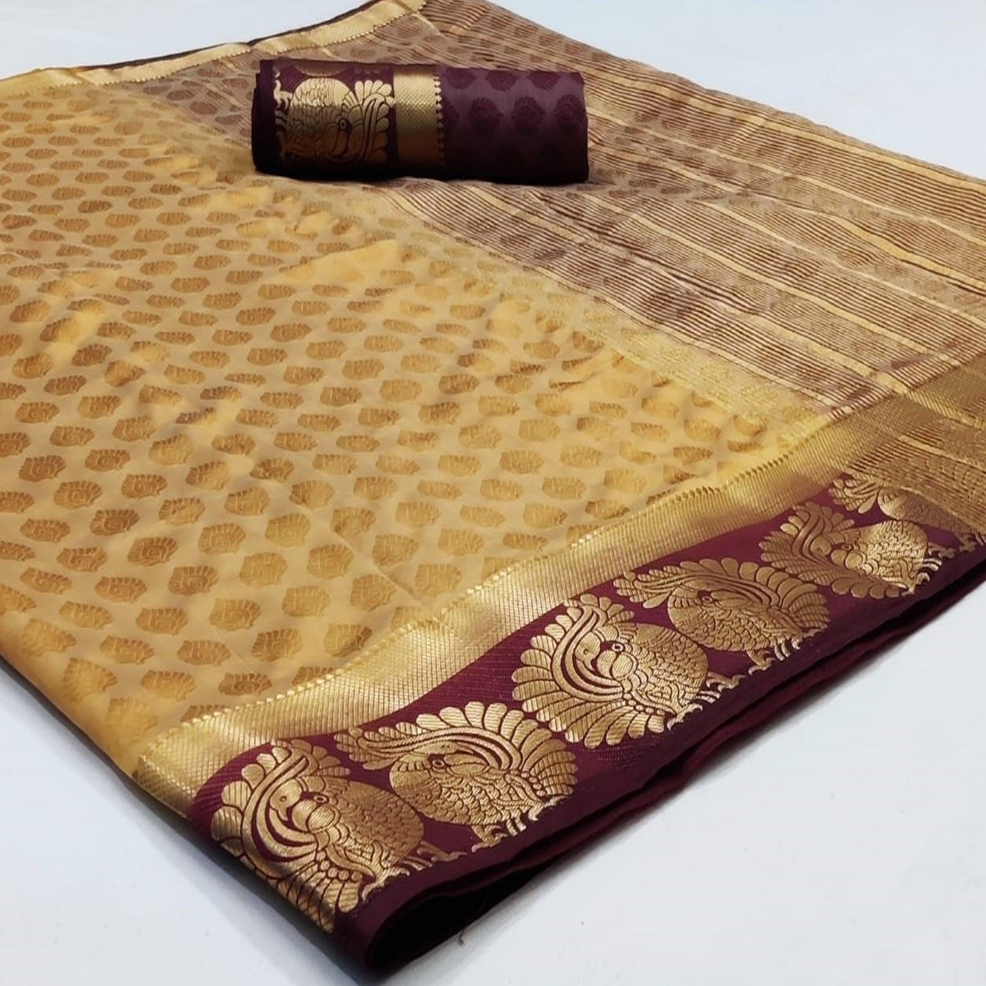 Demanding Beige Coloured Festive Wear Woven Art Silk Saree - Peachmode