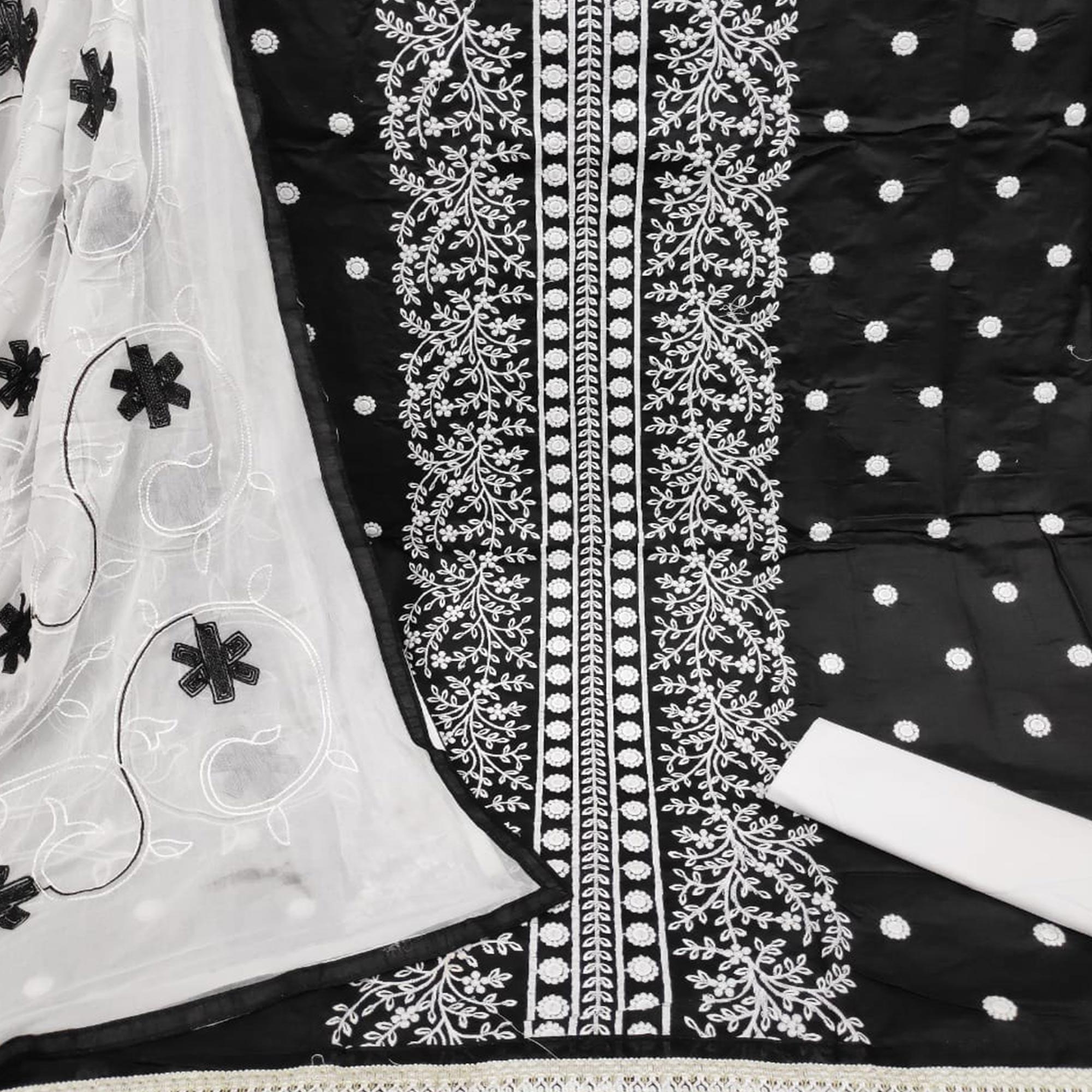 Demanding Black Colored Casual Wear Embroidered Cotton Dress Material - Peachmode