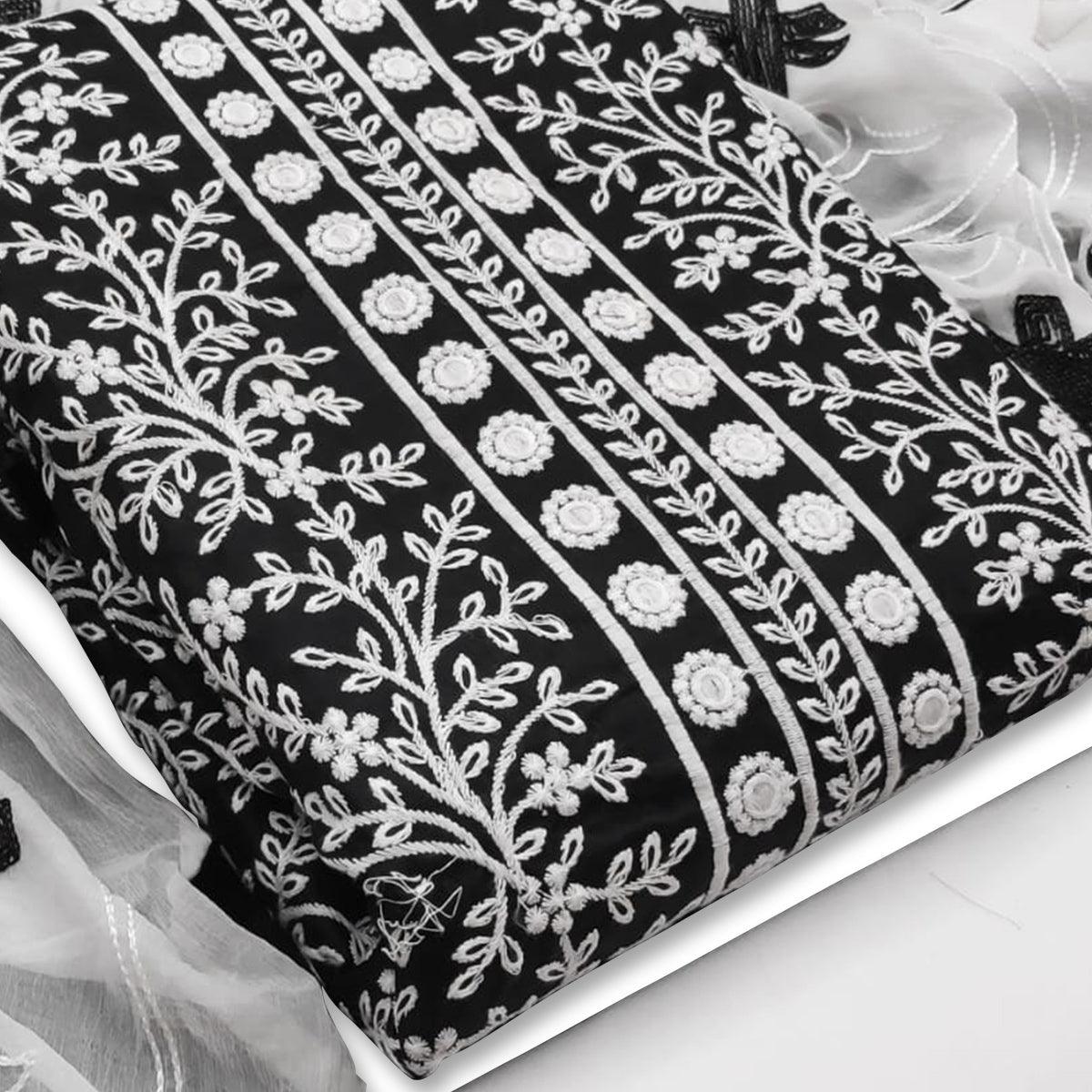 Demanding Black Colored Casual Wear Embroidered Cotton Dress Material - Peachmode