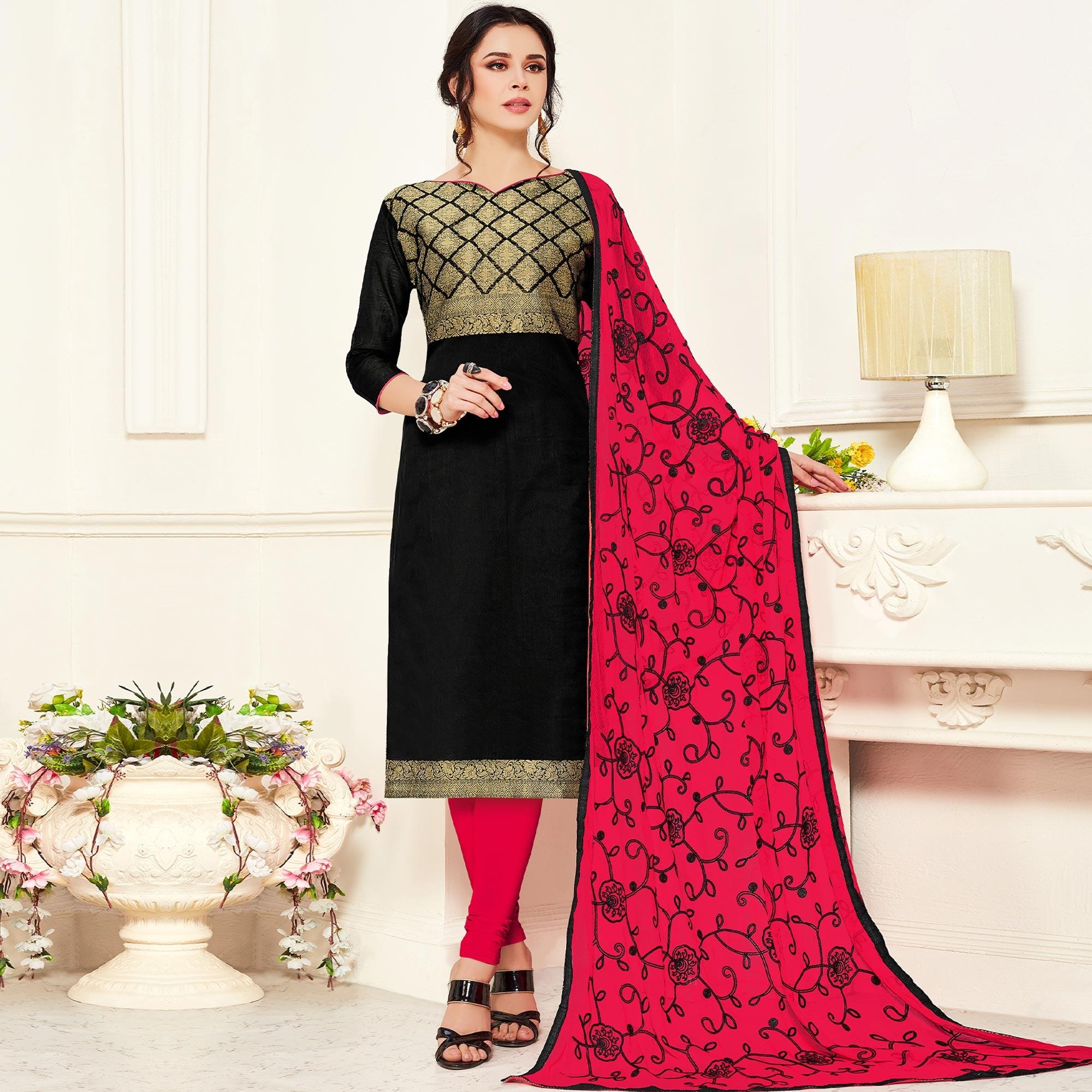 Demanding Black Colored Casual Wear Woven Banarasi Silk Dress Material - Peachmode