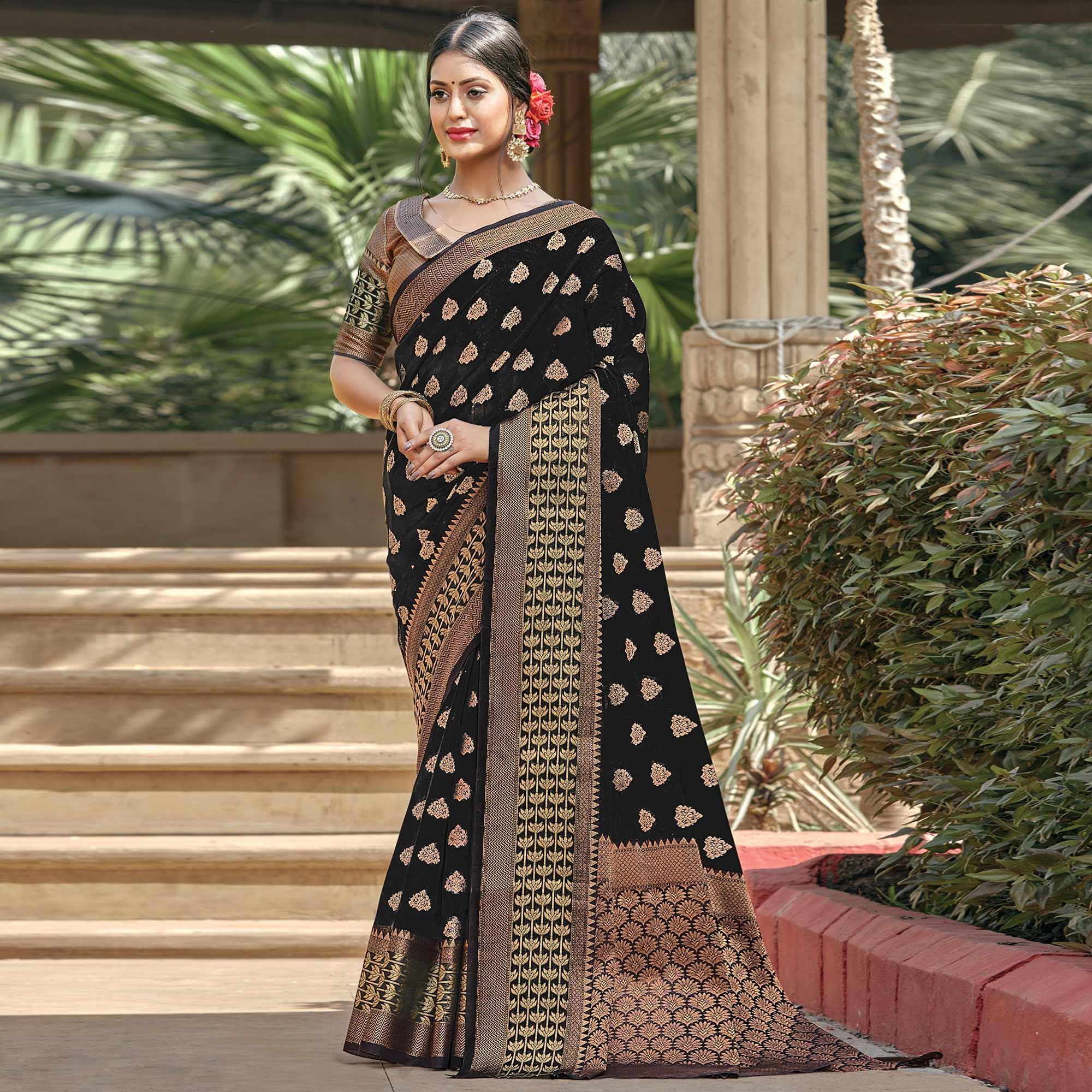 Demanding Black Colored Festive Wear Woven Handloom Cotton Saree - Peachmode