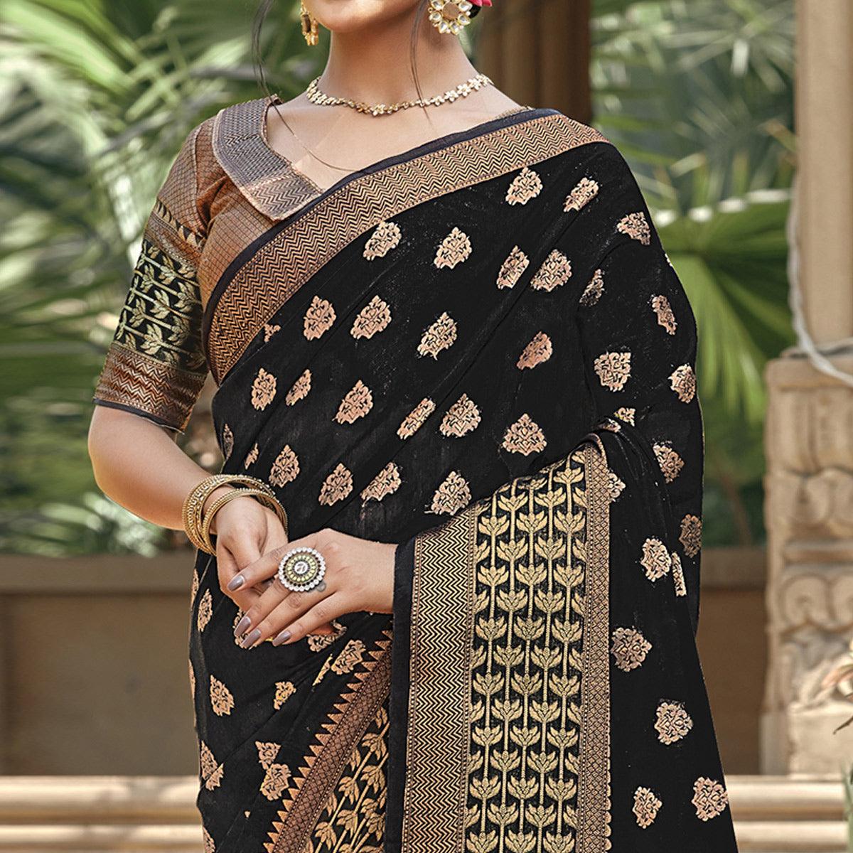Demanding Black Colored Festive Wear Woven Handloom Cotton Saree - Peachmode