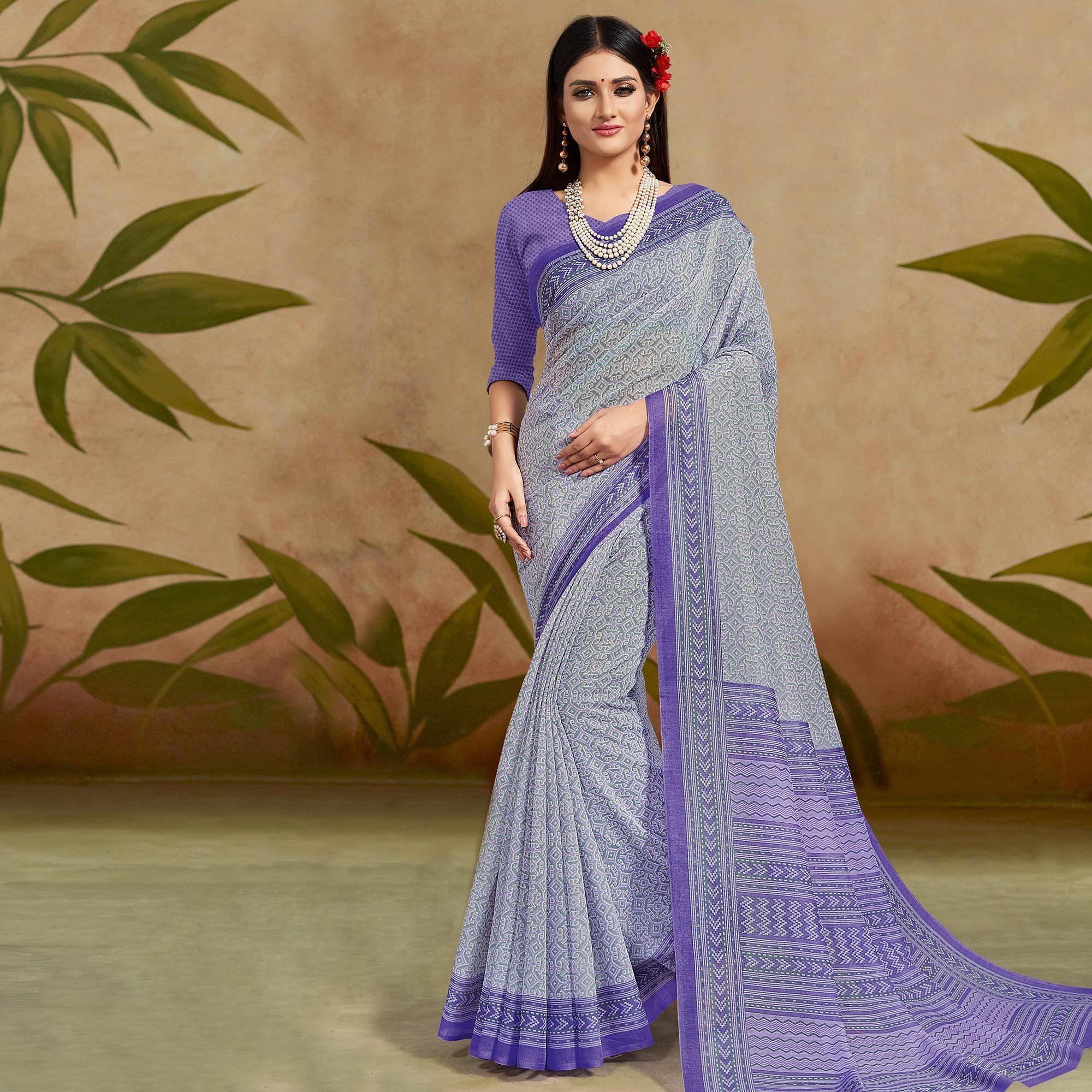 Demanding Blue Colored Casual Wear Printed Cotton Silk Saree - Peachmode