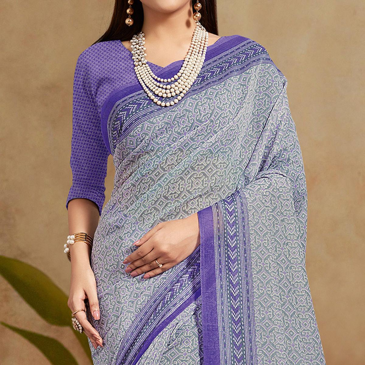 Demanding Blue Colored Casual Wear Printed Cotton Silk Saree - Peachmode