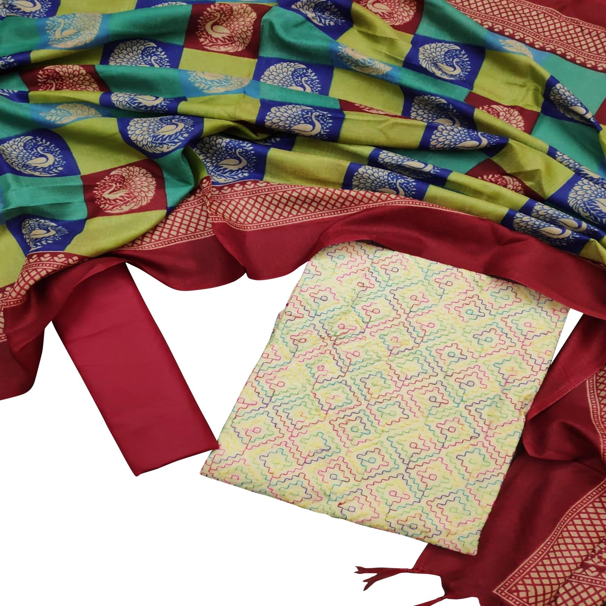 Demanding Cream - Red Colored Casual Wear Embroidered Chanderi Dress Material - Peachmode