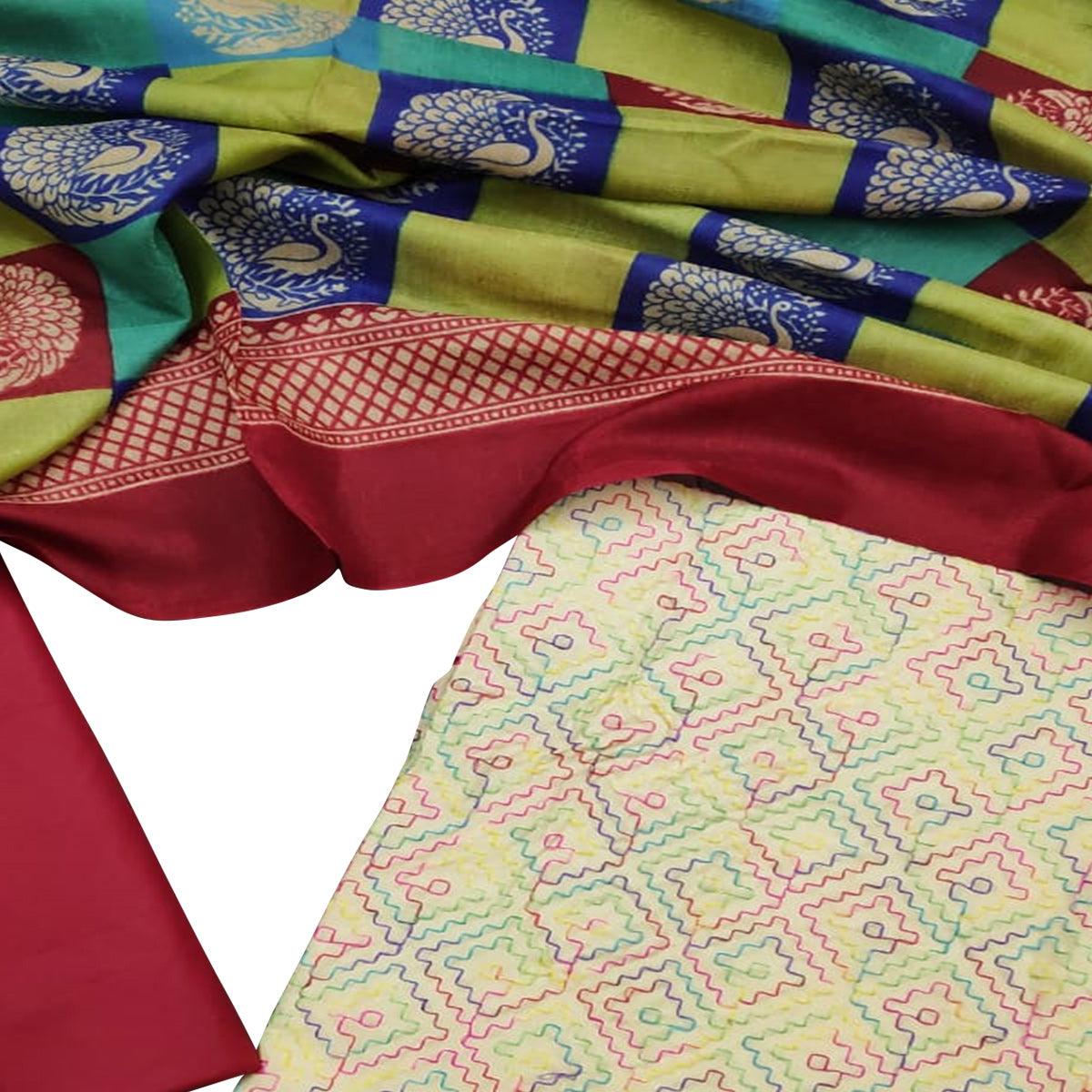 Demanding Cream - Red Colored Casual Wear Embroidered Chanderi Dress Material - Peachmode