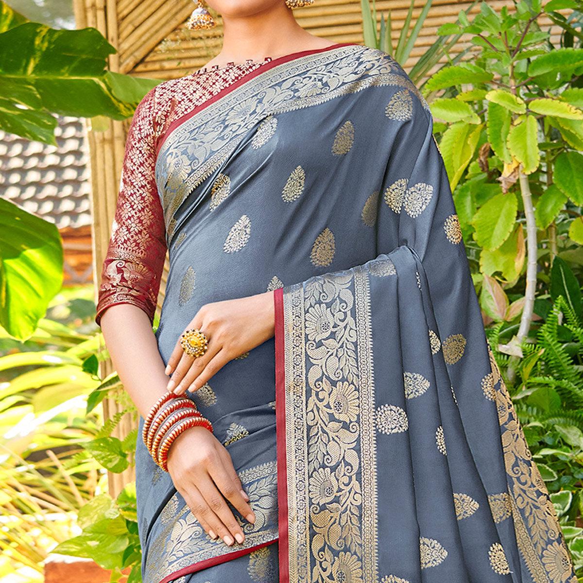 Demanding Dark Grey Colored Festive Wear Woven Silk Saree - Peachmode
