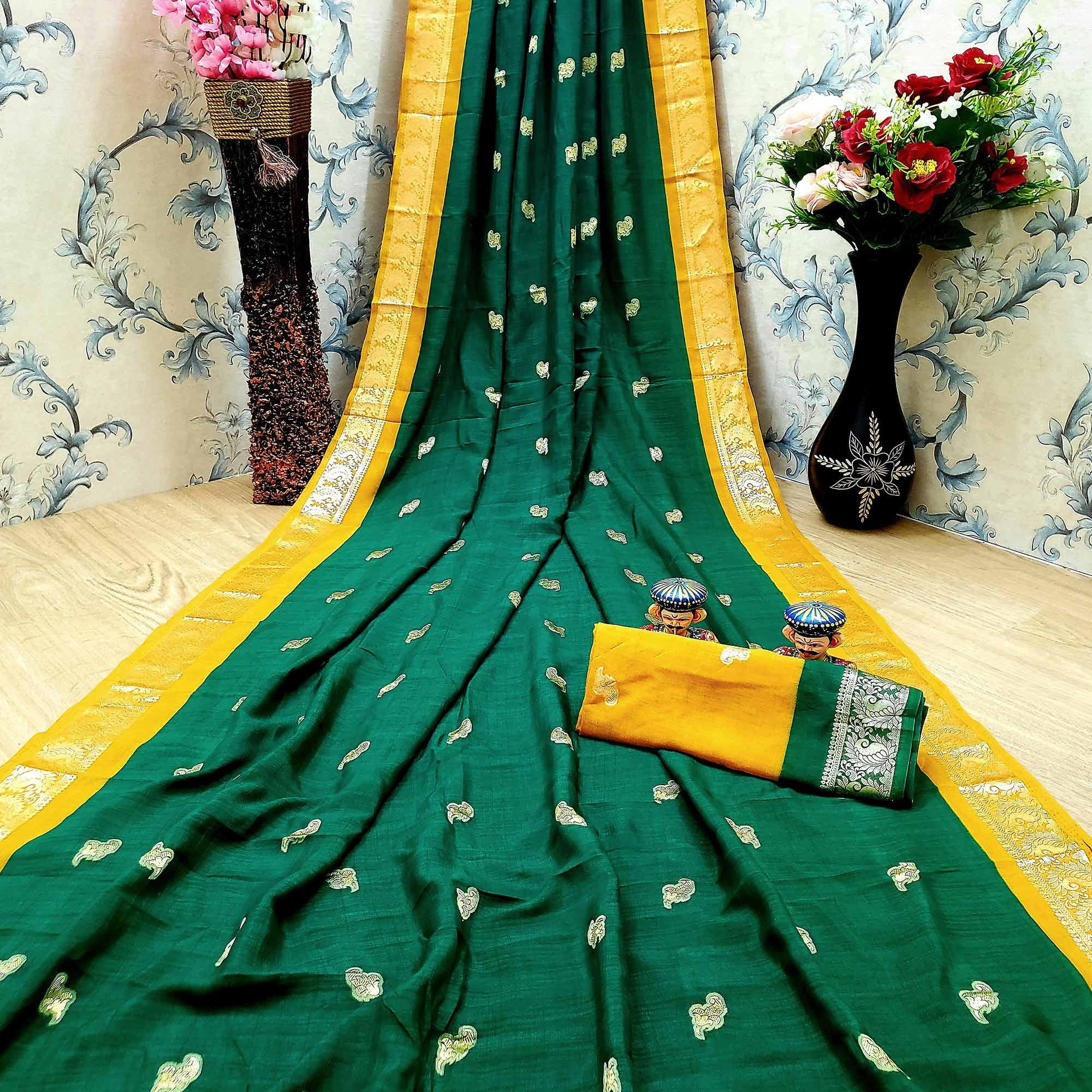 Demanding Green Colored Festive Wear Woven Soft Vichitra Silk Saree - Peachmode