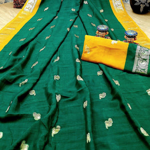 Demanding Green Colored Festive Wear Woven Soft Vichitra Silk Saree - Peachmode