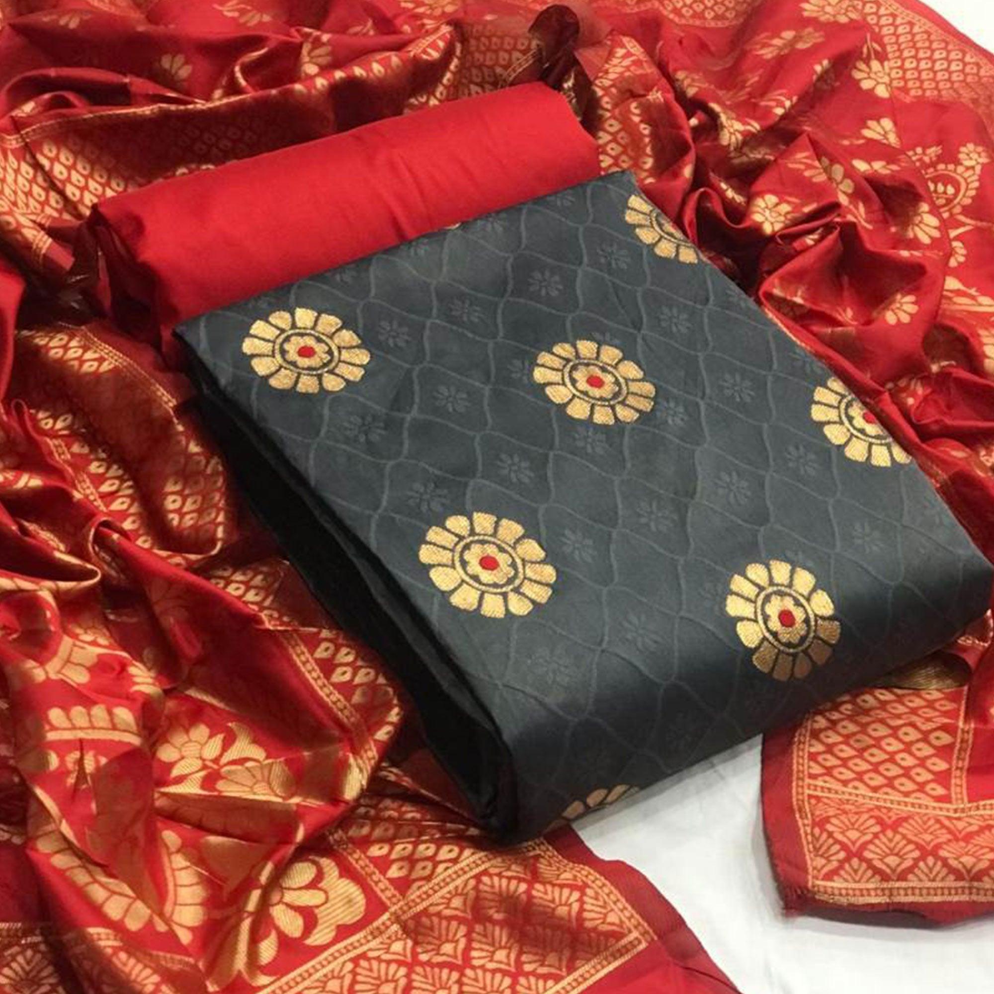 Demanding Grey Colored Casual Wear Banarasi Silk Dress Material - Peachmode
