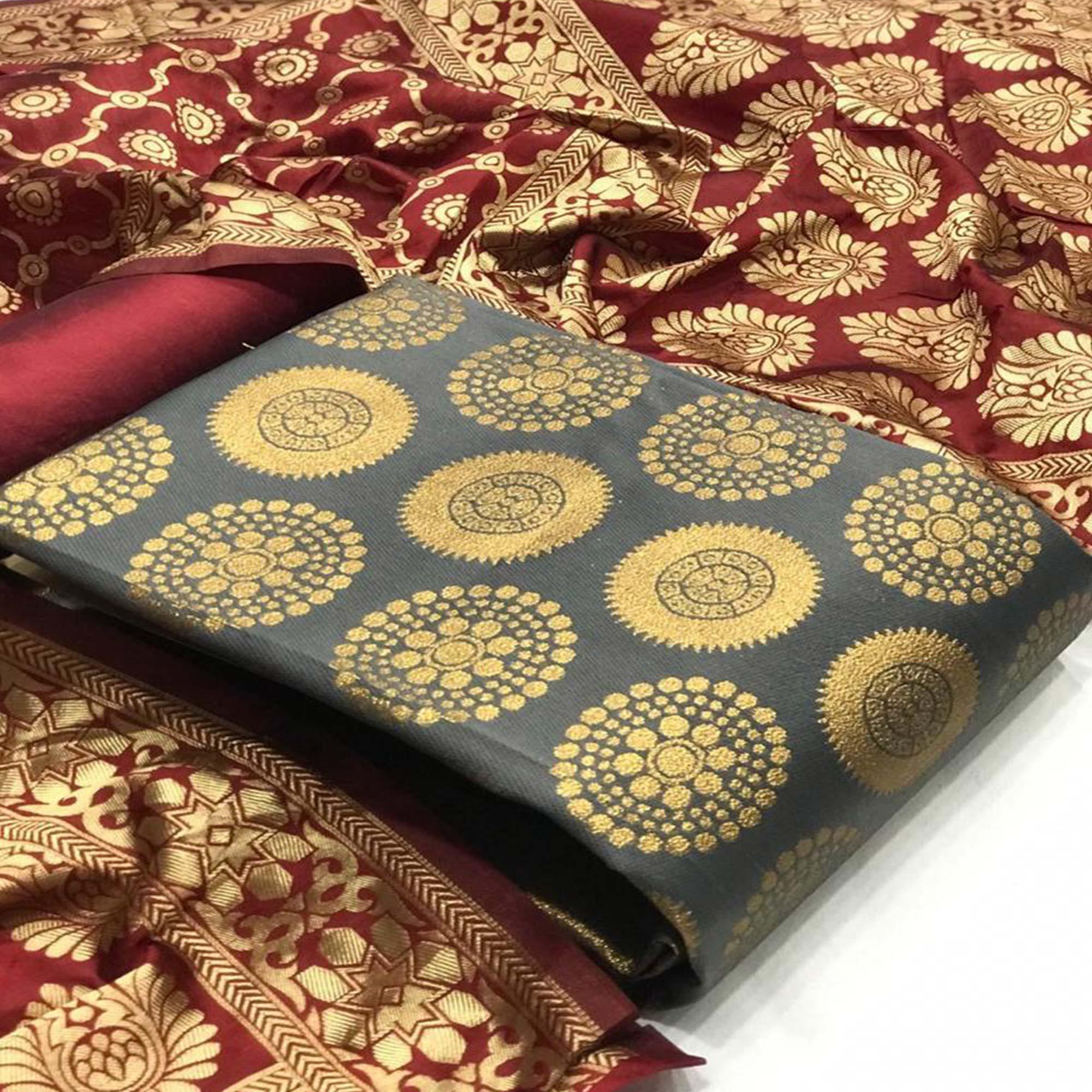 Demanding Grey Colored Casual Wear Woven Banarasi Silk Dress Material - Peachmode